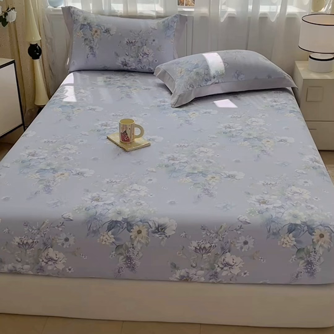 91家纺网 家纺一手货源 找家纺 慕木家纺 2026新款A类纯色印花慕丝棉床笠系列（抽空压缩可供跨境）（提供买家秀） 蓝庭叙