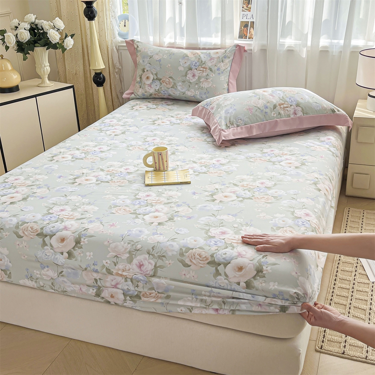 91家纺网 家纺一手货源 找家纺 慕木家纺 2026新款A类纯色印花慕丝棉床笠系列（抽空压缩可供跨境）（提供买家秀） 青研