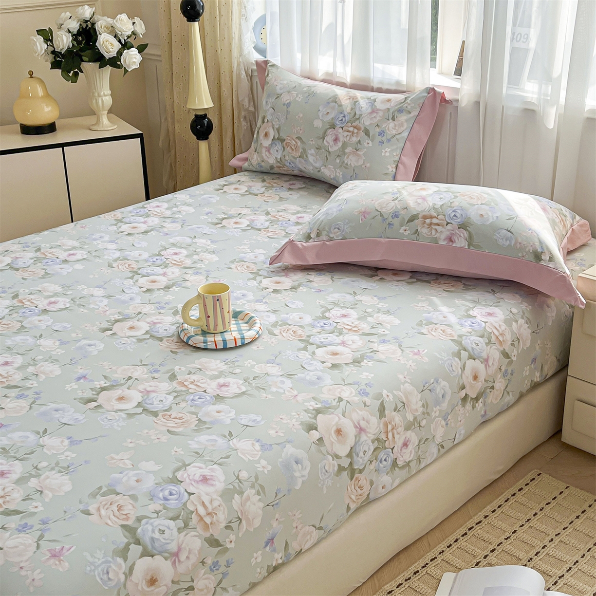 91家纺网 家纺一手货源 找家纺 慕木家纺 2026新款A类纯色印花慕丝棉床笠系列（抽空压缩可供跨境）（提供买家秀） 青研