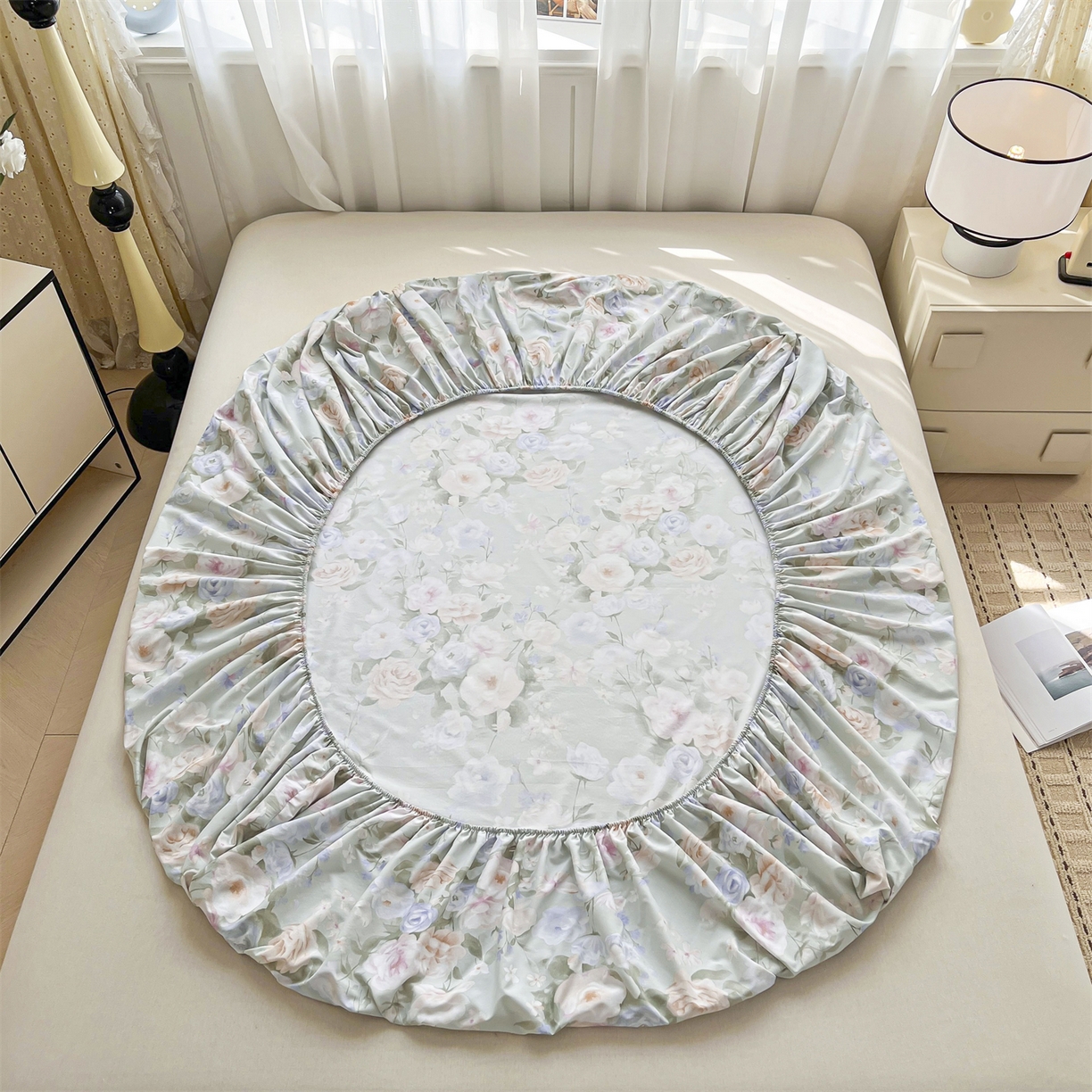 91家纺网 家纺一手货源 找家纺 慕木家纺 2026新款A类纯色印花慕丝棉床笠系列（抽空压缩可供跨境）（提供买家秀） 青研