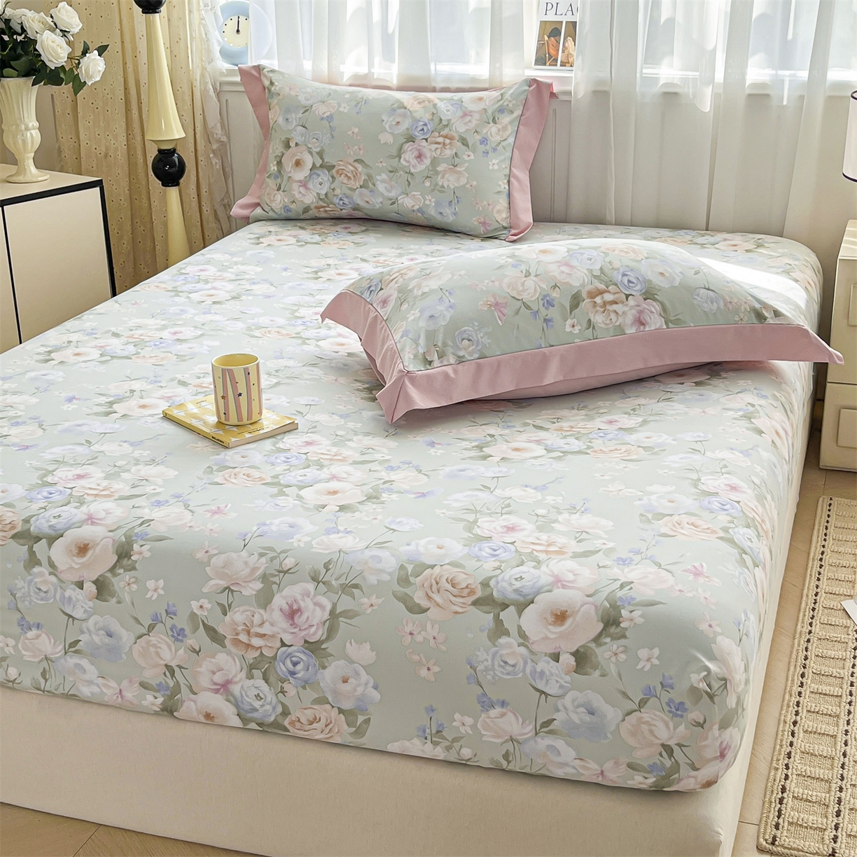 91家纺网 家纺一手货源 找家纺 慕木家纺 2026新款A类纯色印花慕丝棉床笠系列（抽空压缩可供跨境）（提供买家秀） 青研