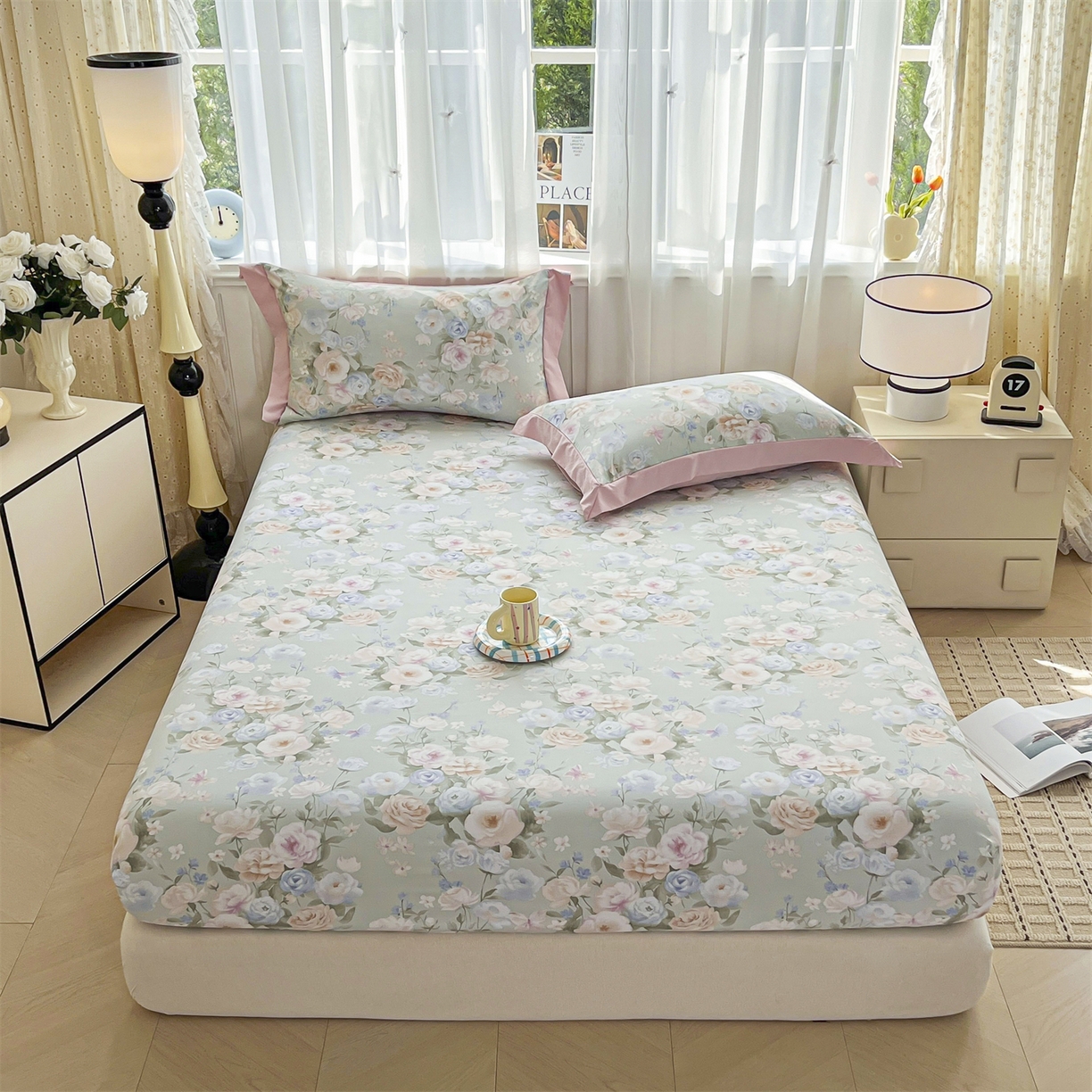 91家纺网 家纺一手货源 找家纺 慕木家纺 2026新款A类纯色印花慕丝棉床笠系列（抽空压缩可供跨境）（提供买家秀） 青研