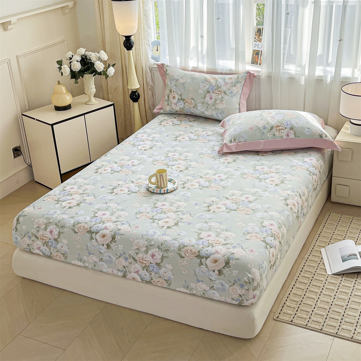 91家纺网 家纺一手货源 找家纺 慕木家纺 2026新款A类纯色印花慕丝棉床笠系列（抽空压缩可供跨境）（提供买家秀） 青研