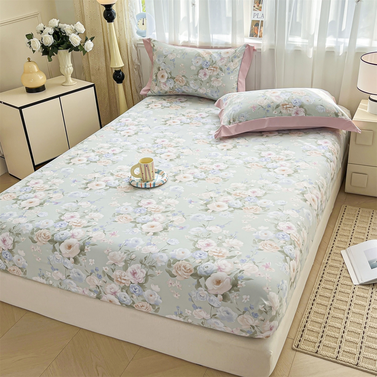 91家纺网 家纺一手货源 找家纺 慕木家纺 2026新款A类纯色印花慕丝棉床笠系列（抽空压缩可供跨境）（提供买家秀） 青研