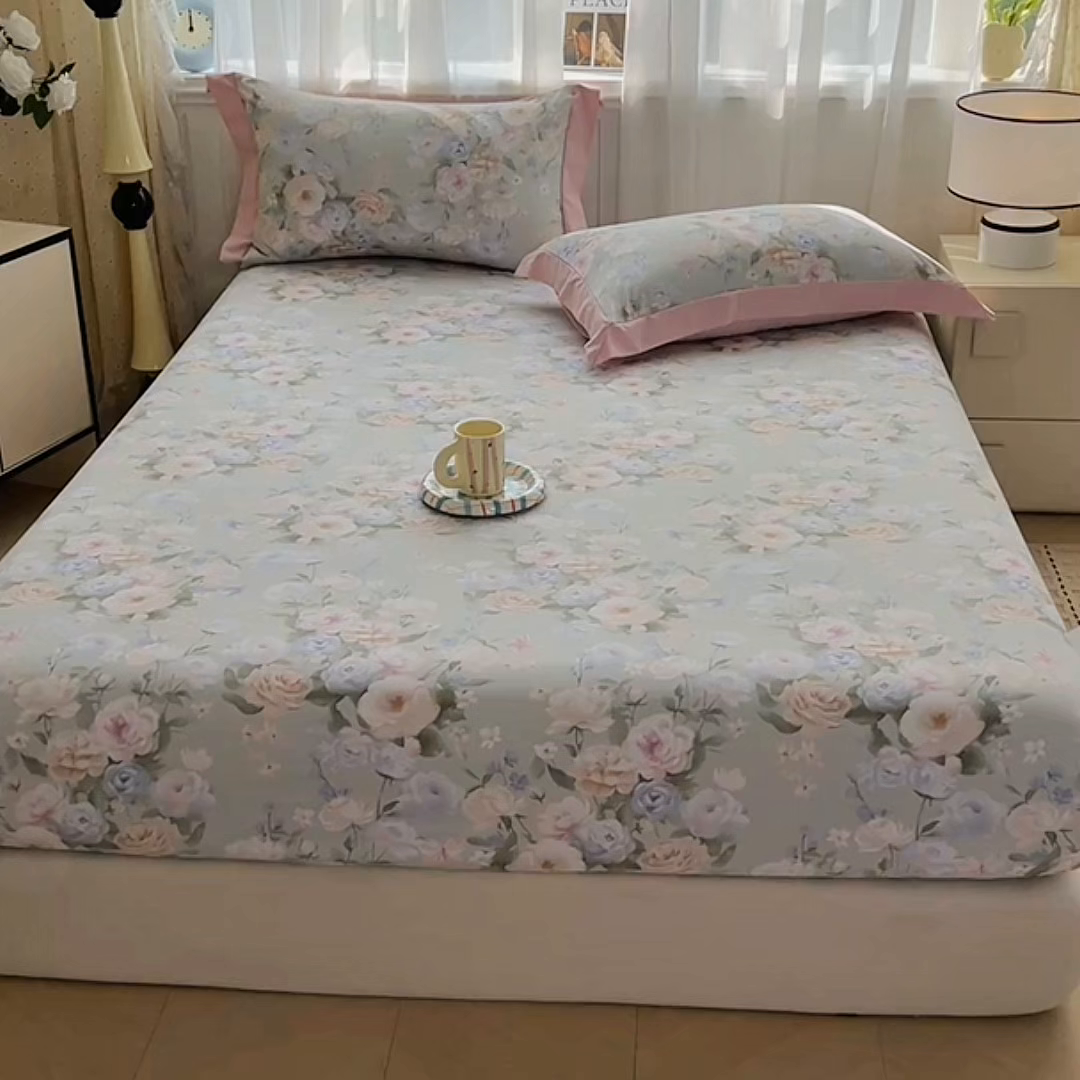 91家纺网 家纺一手货源 找家纺 慕木家纺 2026新款A类纯色印花慕丝棉床笠系列（抽空压缩可供跨境）（提供买家秀） 青研