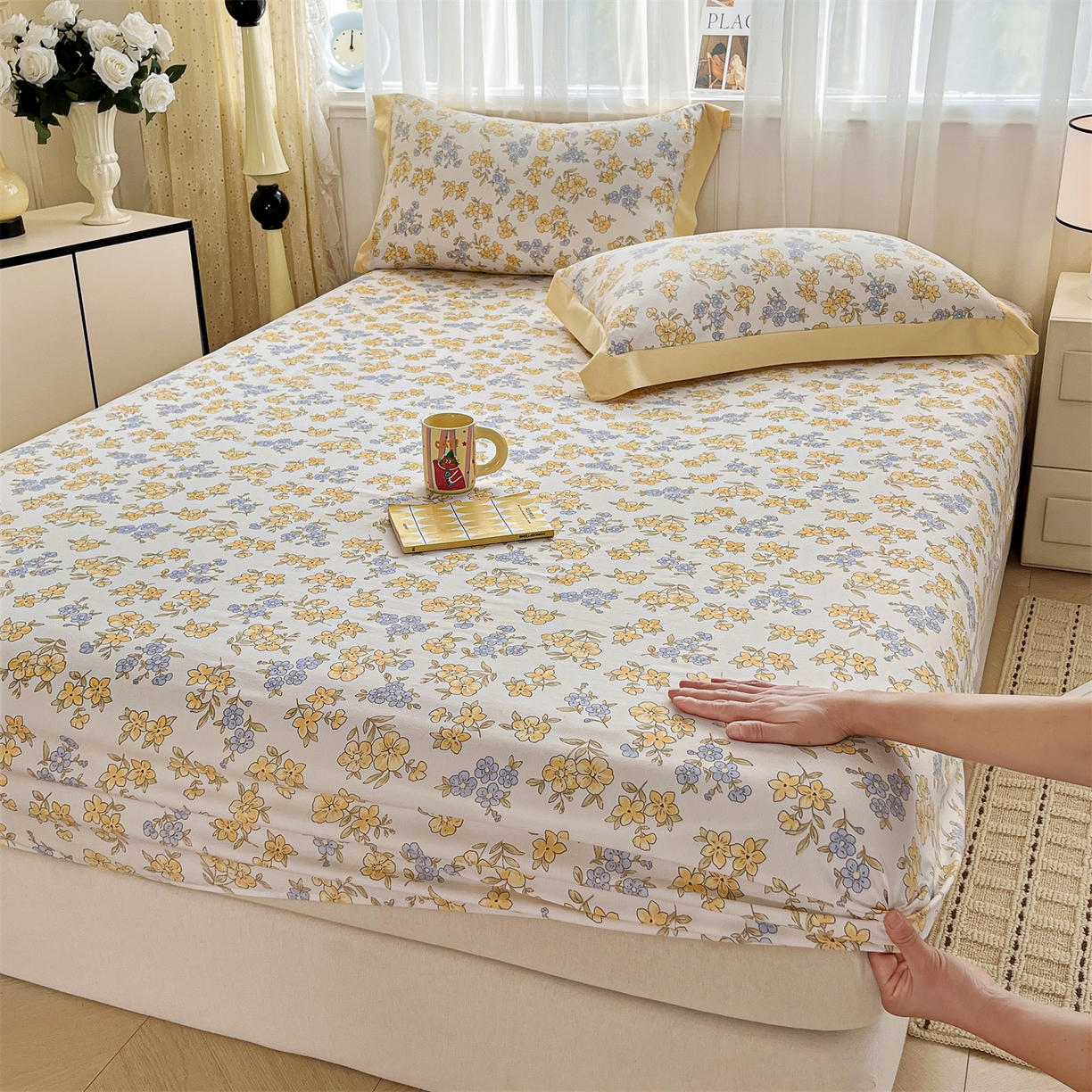 91家纺网 家纺一手货源 找家纺 慕木家纺 2026新款A类纯色印花慕丝棉床笠系列（抽空压缩可供跨境）（提供买家秀） 金兰