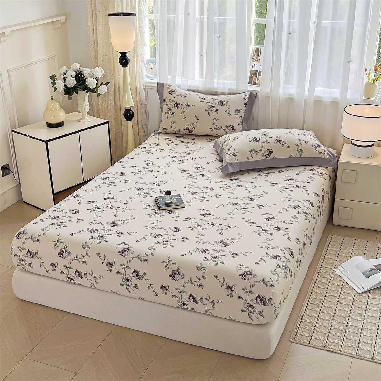 91家纺网 家纺一手货源 找家纺 慕木家纺 2026新款A类纯色印花慕丝棉床笠系列（抽空压缩可供跨境）（提供买家秀） 洛雅