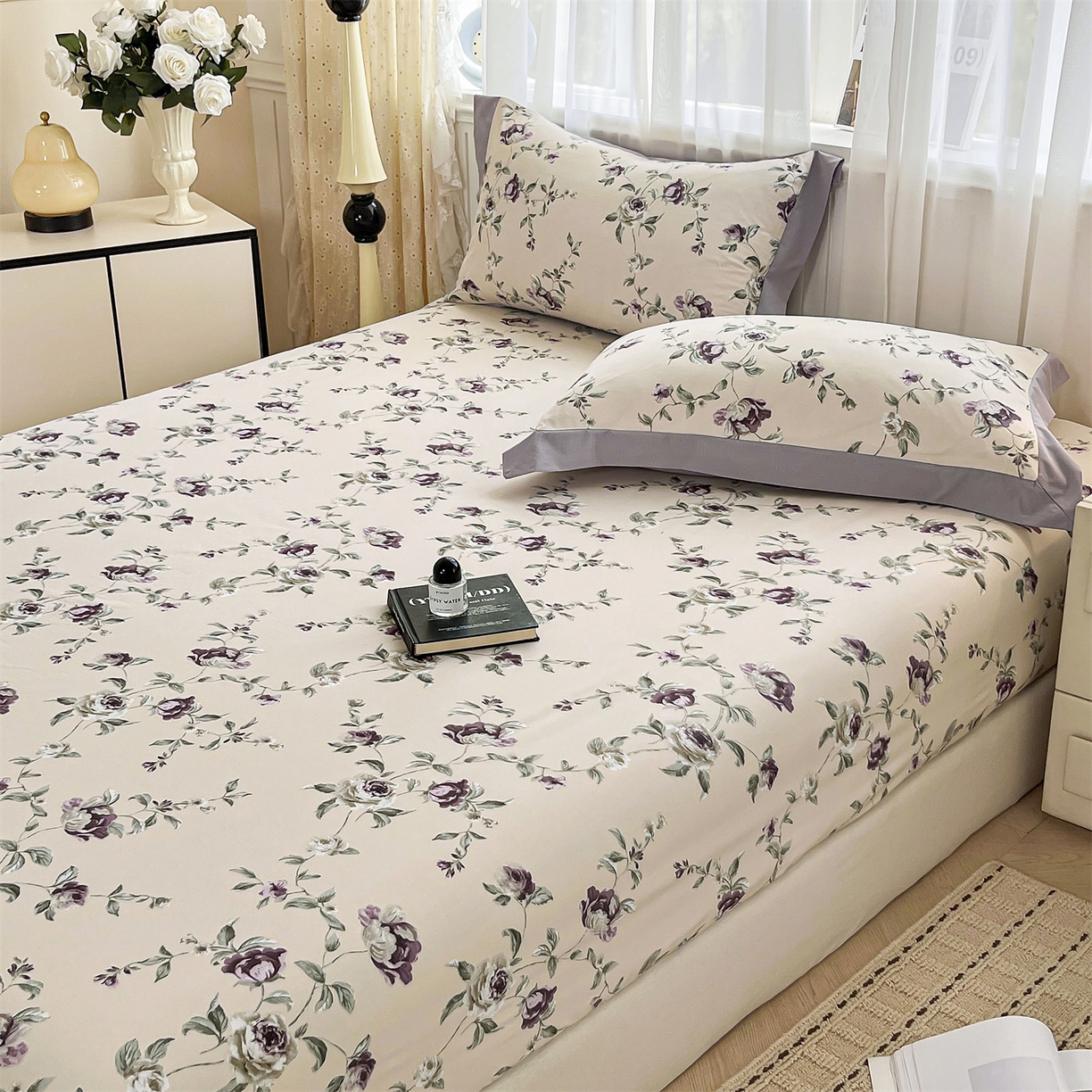 91家纺网 家纺一手货源 找家纺 慕木家纺 2026新款A类纯色印花慕丝棉床笠系列（抽空压缩可供跨境）（提供买家秀） 洛雅