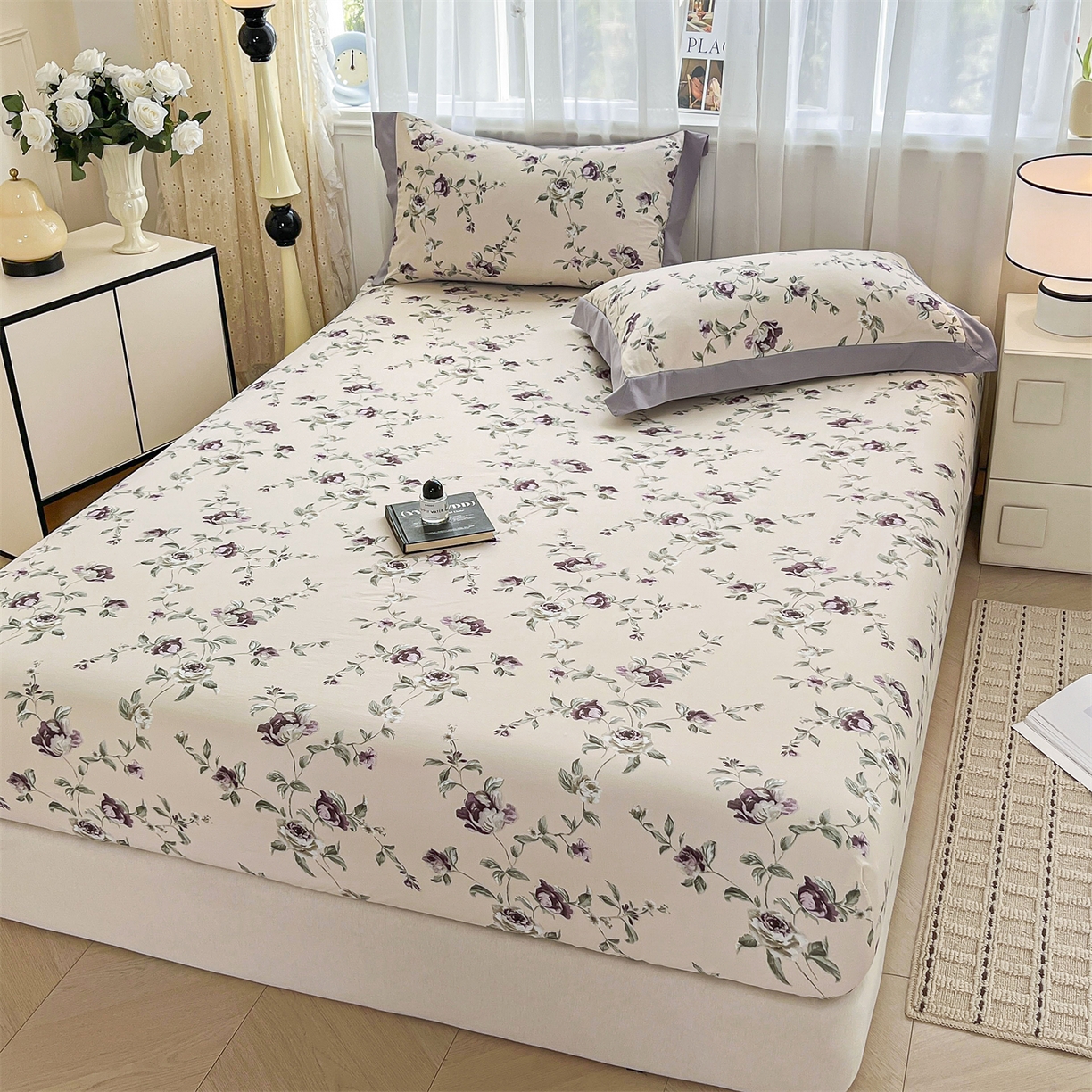 91家纺网 家纺一手货源 找家纺 慕木家纺 2026新款A类纯色印花慕丝棉床笠系列（抽空压缩可供跨境）（提供买家秀） 洛雅