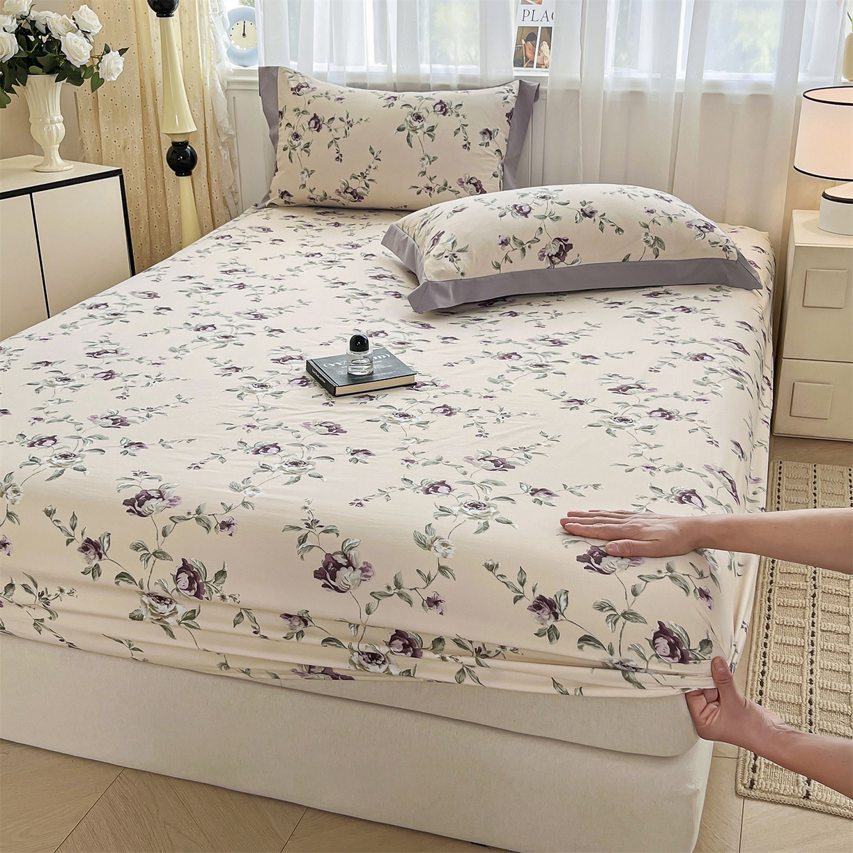 91家纺网 家纺一手货源 找家纺 慕木家纺 2026新款A类纯色印花慕丝棉床笠系列（抽空压缩可供跨境）（提供买家秀） 洛雅