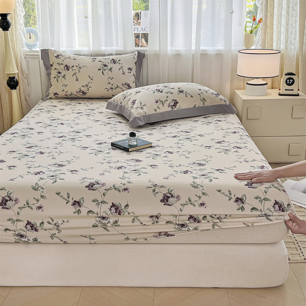 91家纺网 家纺一手货源 找家纺 慕木家纺 2026新款A类纯色印花慕丝棉床笠系列（抽空压缩可供跨境）（提供买家秀） 洛雅