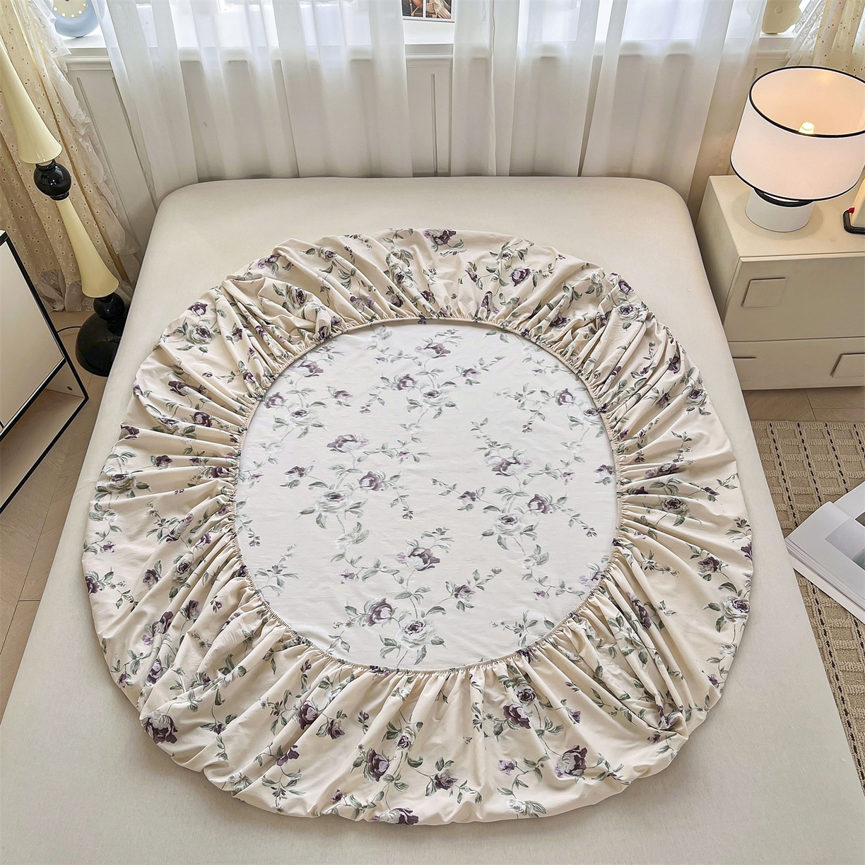 91家纺网 家纺一手货源 找家纺 慕木家纺 2026新款A类纯色印花慕丝棉床笠系列（抽空压缩可供跨境）（提供买家秀） 洛雅