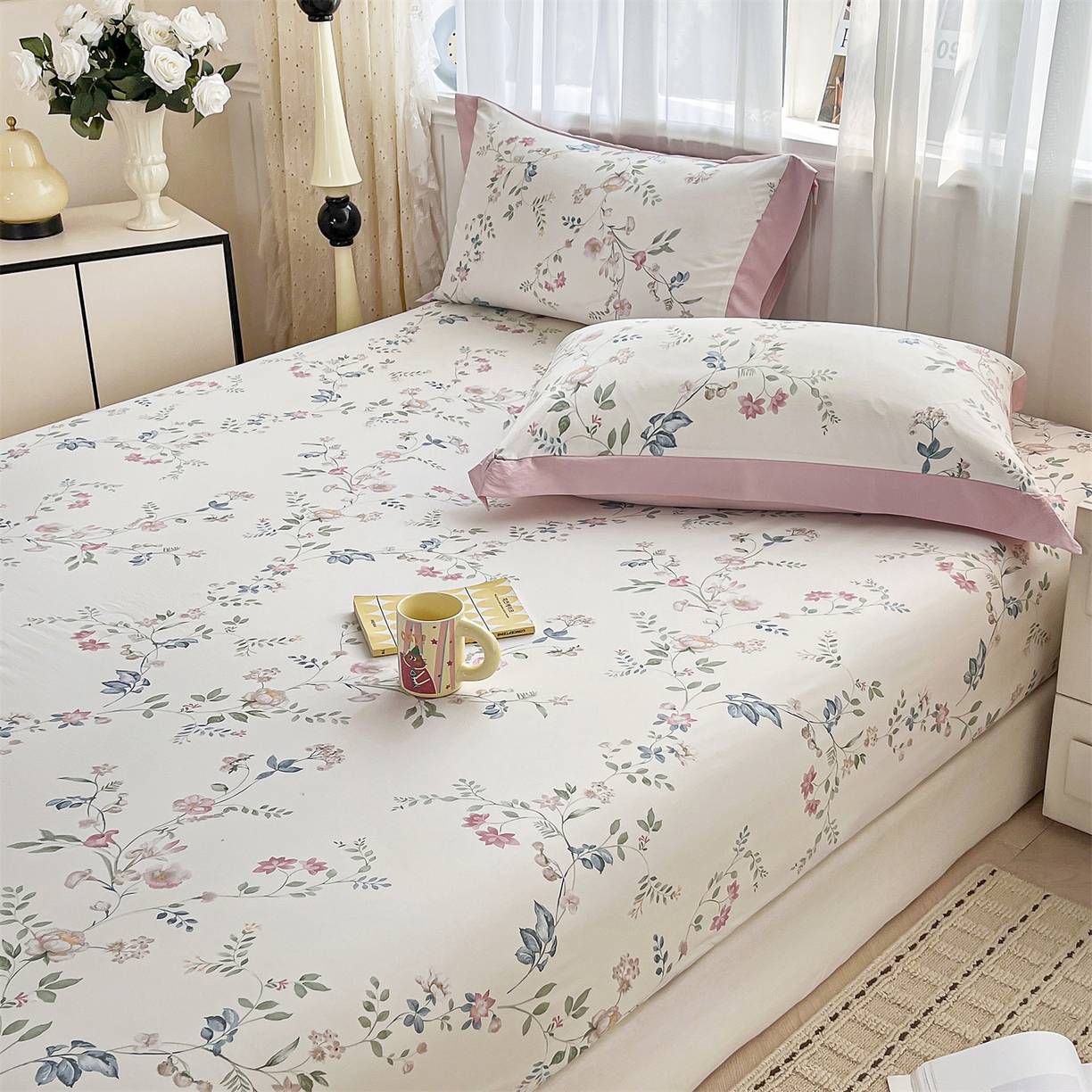 91家纺网 家纺一手货源 找家纺 慕木家纺 2026新款A类纯色印花慕丝棉床笠系列（抽空压缩可供跨境）（提供买家秀） 洛可可