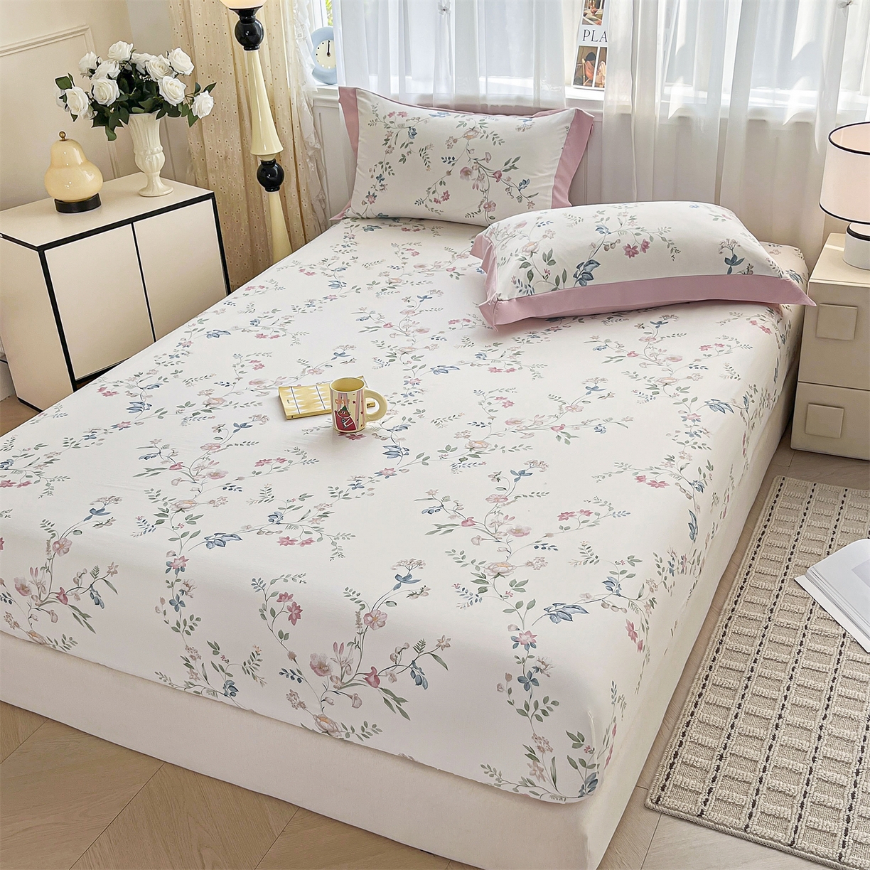 91家纺网 家纺一手货源 找家纺 慕木家纺 2026新款A类纯色印花慕丝棉床笠系列（抽空压缩可供跨境）（提供买家秀） 洛可可