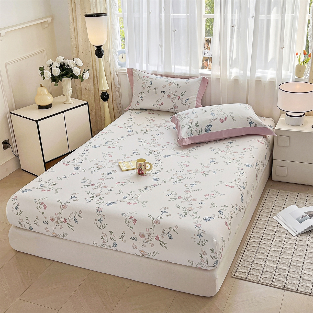 91家纺网 家纺一手货源 找家纺 慕木家纺 2026新款A类纯色印花慕丝棉床笠系列（抽空压缩可供跨境）（提供买家秀） 洛可可