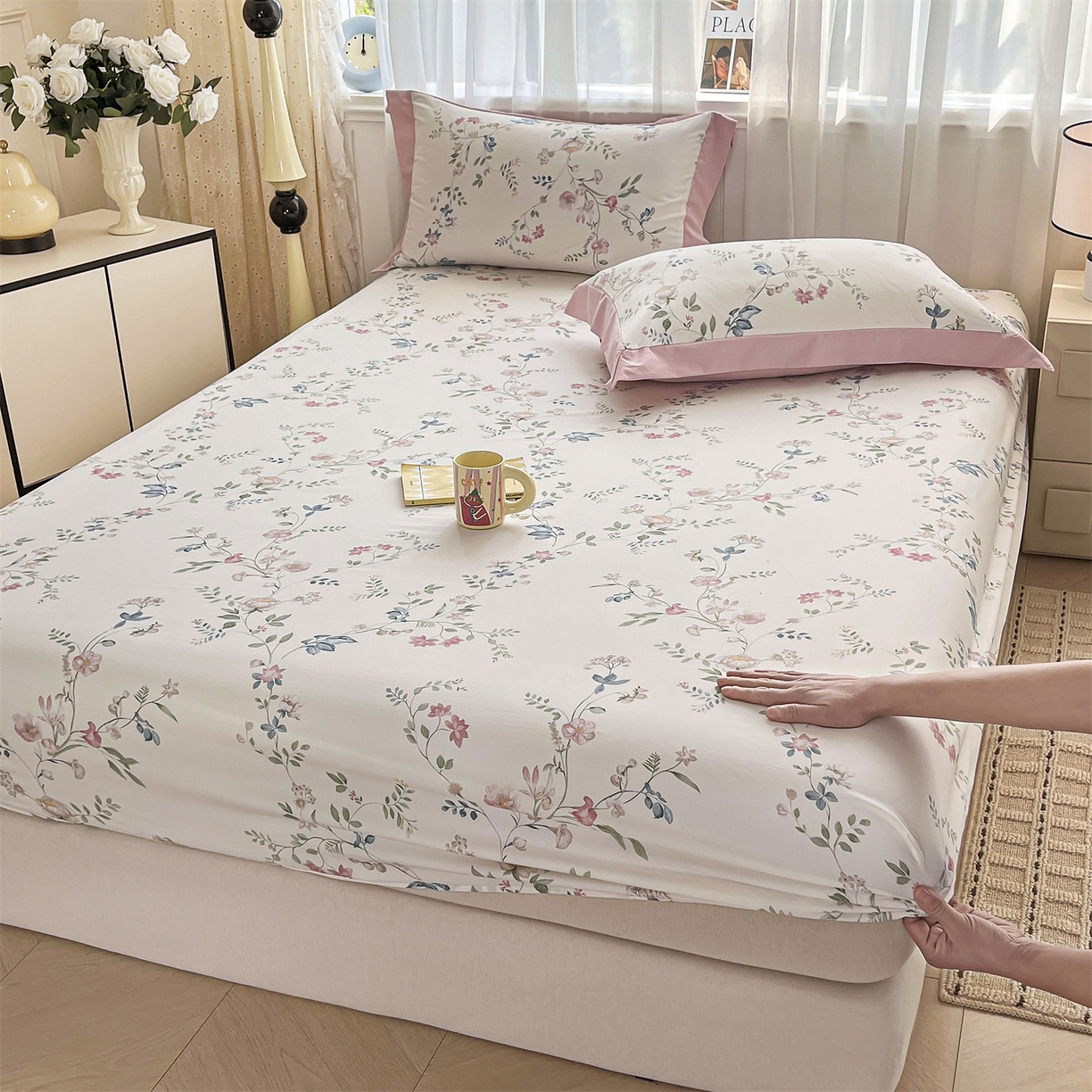 91家纺网 家纺一手货源 找家纺 慕木家纺 2026新款A类纯色印花慕丝棉床笠系列（抽空压缩可供跨境）（提供买家秀） 洛可可