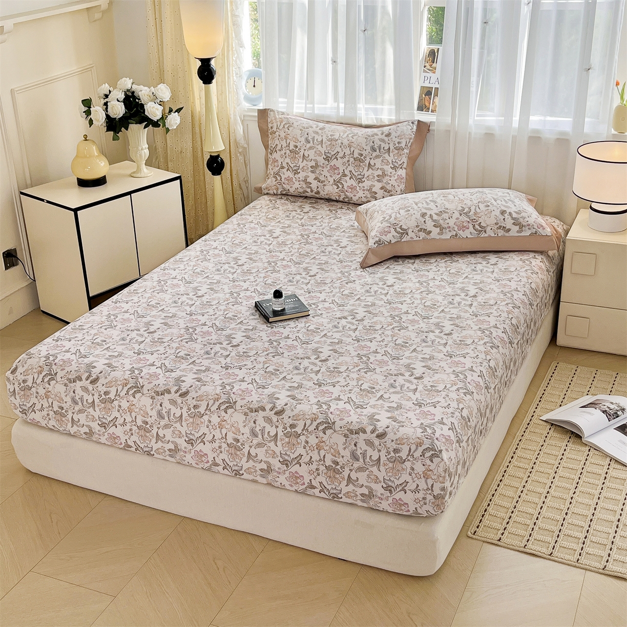 91家纺网 家纺一手货源 找家纺 慕木家纺 2026新款A类纯色印花慕丝棉床笠系列（抽空压缩可供跨境）（提供买家秀） 锦芙