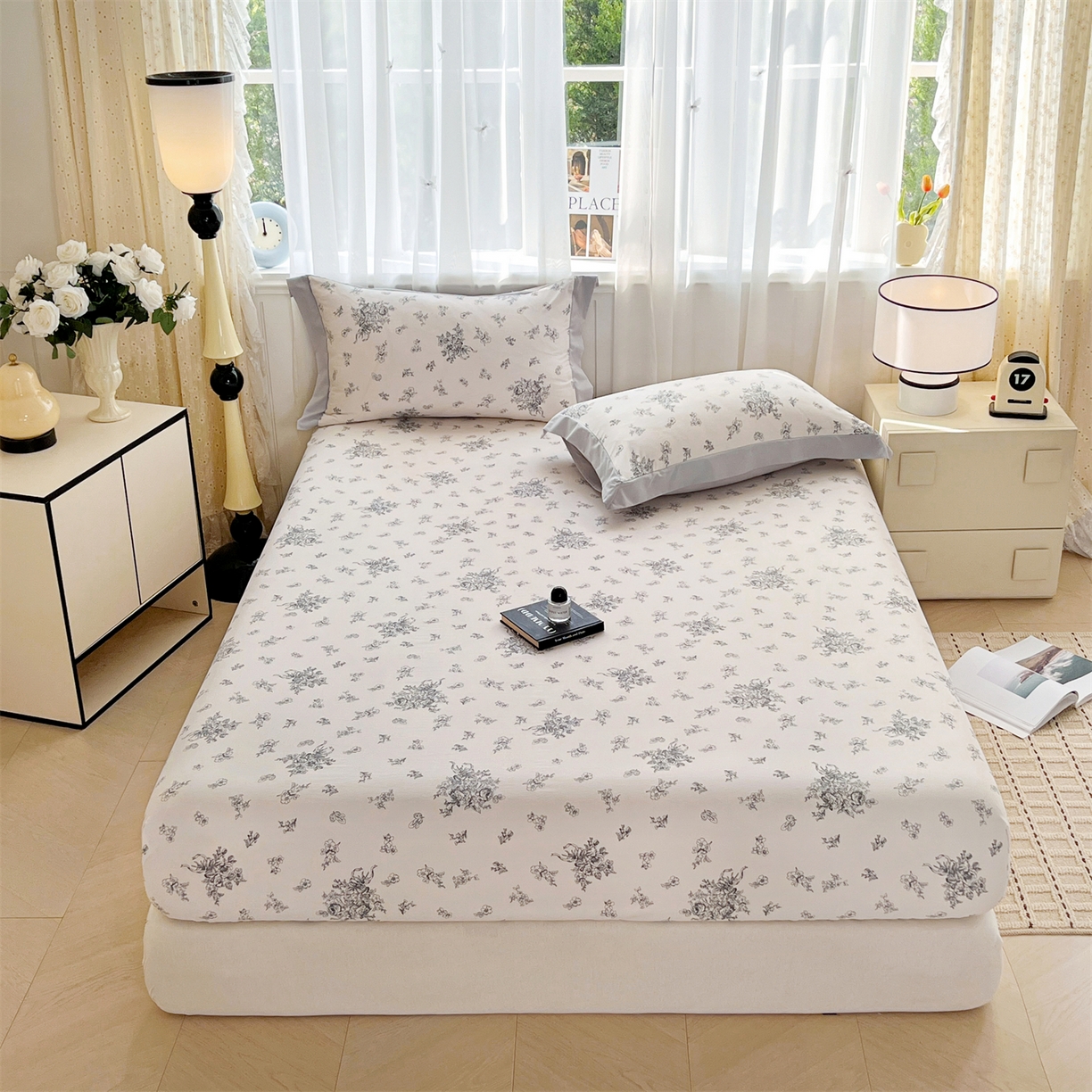 91家纺网 家纺一手货源 找家纺 慕木家纺 2026新款A类纯色印花慕丝棉床笠系列（抽空压缩可供跨境）（提供买家秀） 墨芳