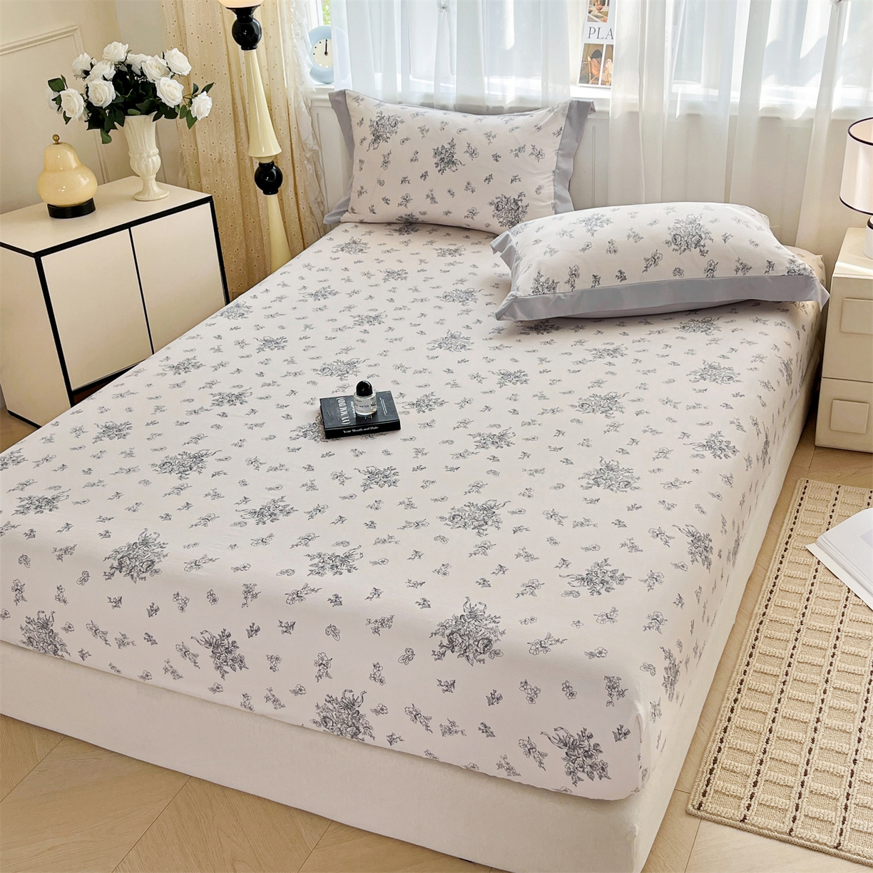 91家纺网 家纺一手货源 找家纺 慕木家纺 2026新款A类纯色印花慕丝棉床笠系列（抽空压缩可供跨境）（提供买家秀） 墨芳