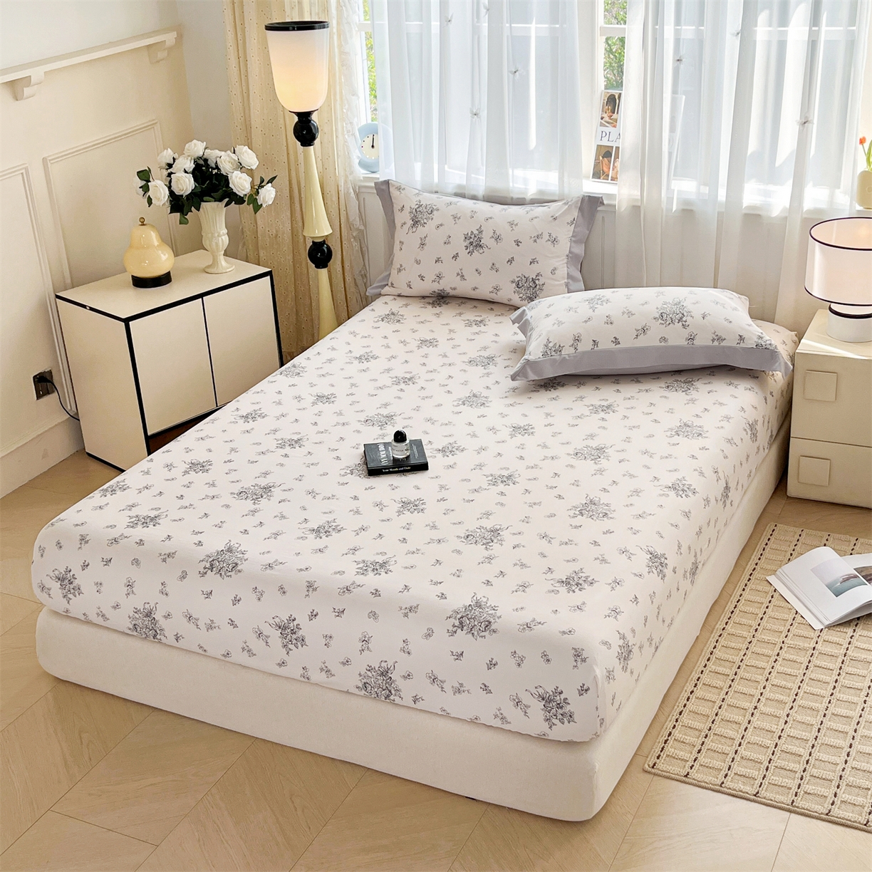 91家纺网 家纺一手货源 找家纺 慕木家纺 2026新款A类纯色印花慕丝棉床笠系列（抽空压缩可供跨境）（提供买家秀） 墨芳