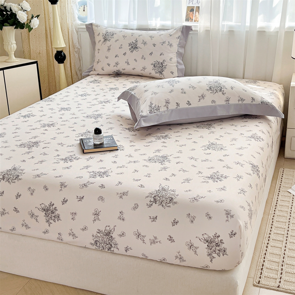 91家纺网 家纺一手货源 找家纺 慕木家纺 2026新款A类纯色印花慕丝棉床笠系列（抽空压缩可供跨境）（提供买家秀） 墨芳