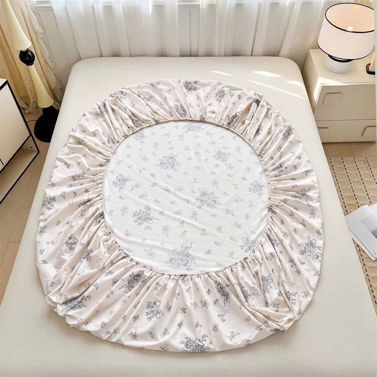 91家纺网 家纺一手货源 找家纺 慕木家纺 2026新款A类纯色印花慕丝棉床笠系列（抽空压缩可供跨境）（提供买家秀） 墨芳