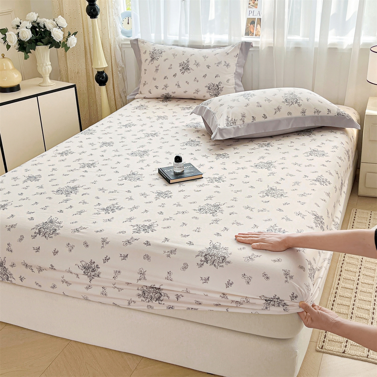 91家纺网 家纺一手货源 找家纺 慕木家纺 2026新款A类纯色印花慕丝棉床笠系列（抽空压缩可供跨境）（提供买家秀） 墨芳