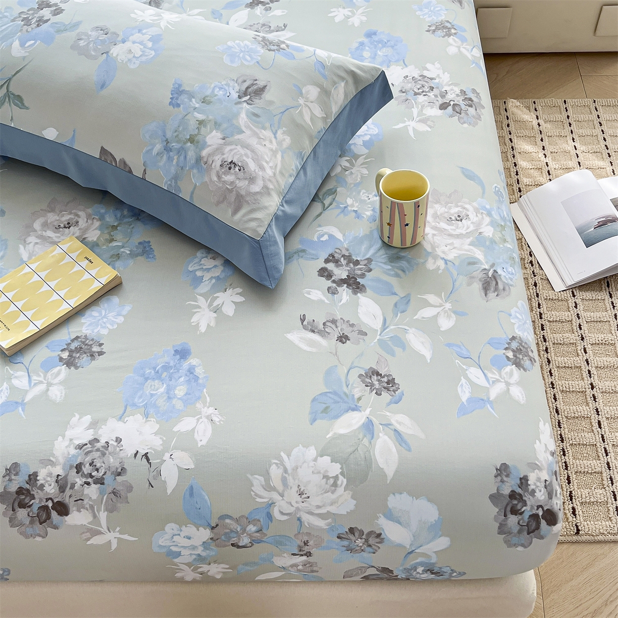 慕木家纺 2026新款A类纯色印花慕丝棉床笠系列（抽空压缩可供跨境）（提供买家秀） 蓝漪