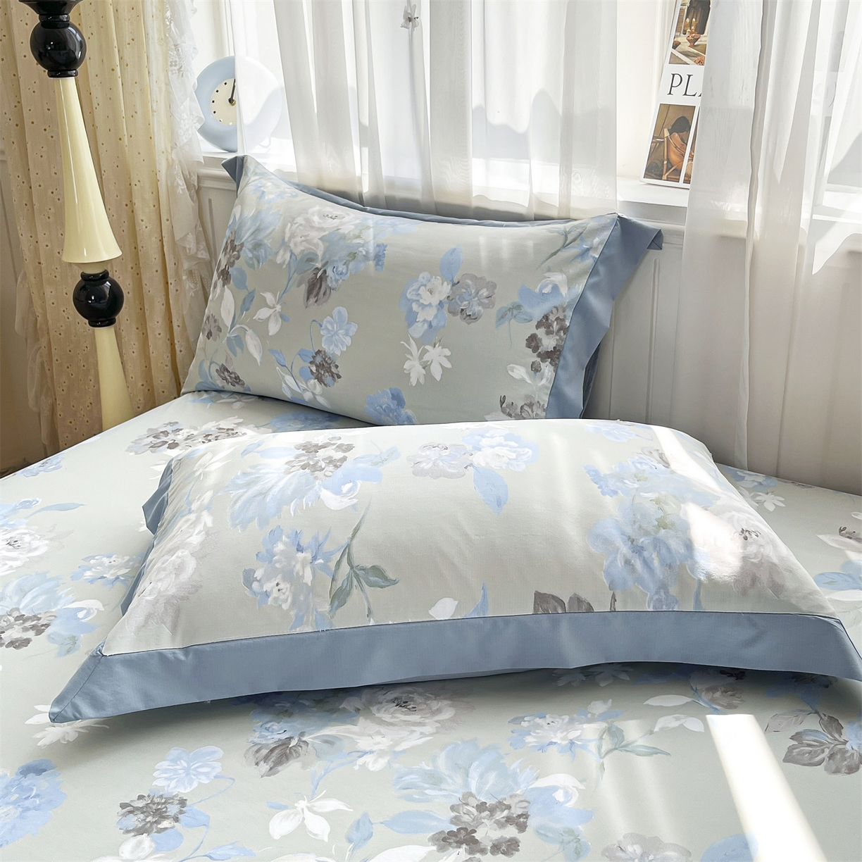 91家纺网 家纺一手货源 找家纺 慕木家纺 2026新款A类纯色印花慕丝棉床笠系列（抽空压缩可供跨境）（提供买家秀） 蓝漪