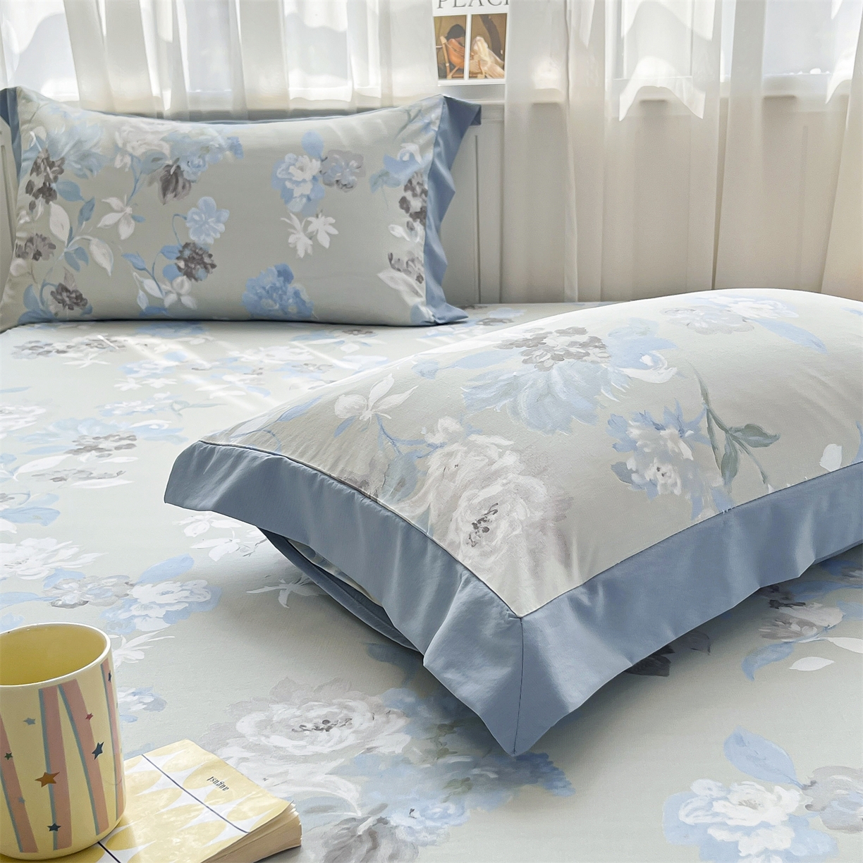 91家纺网 家纺一手货源 找家纺 慕木家纺 2026新款A类纯色印花慕丝棉床笠系列（抽空压缩可供跨境）（提供买家秀） 蓝漪