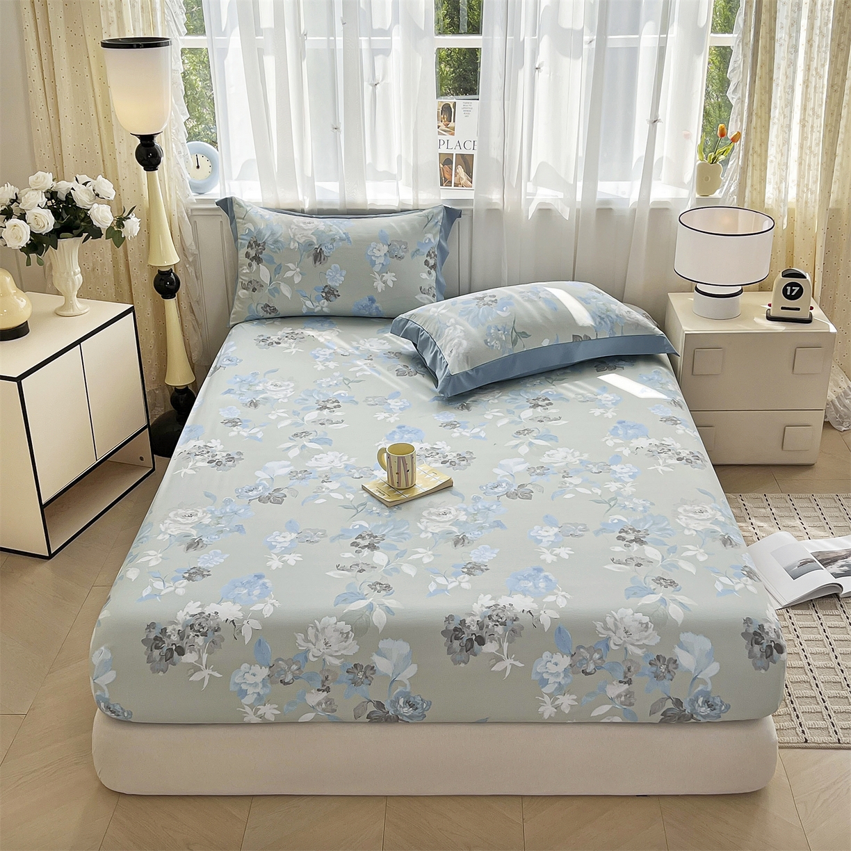 91家纺网 家纺一手货源 找家纺 慕木家纺 2026新款A类纯色印花慕丝棉床笠系列（抽空压缩可供跨境）（提供买家秀） 蓝漪