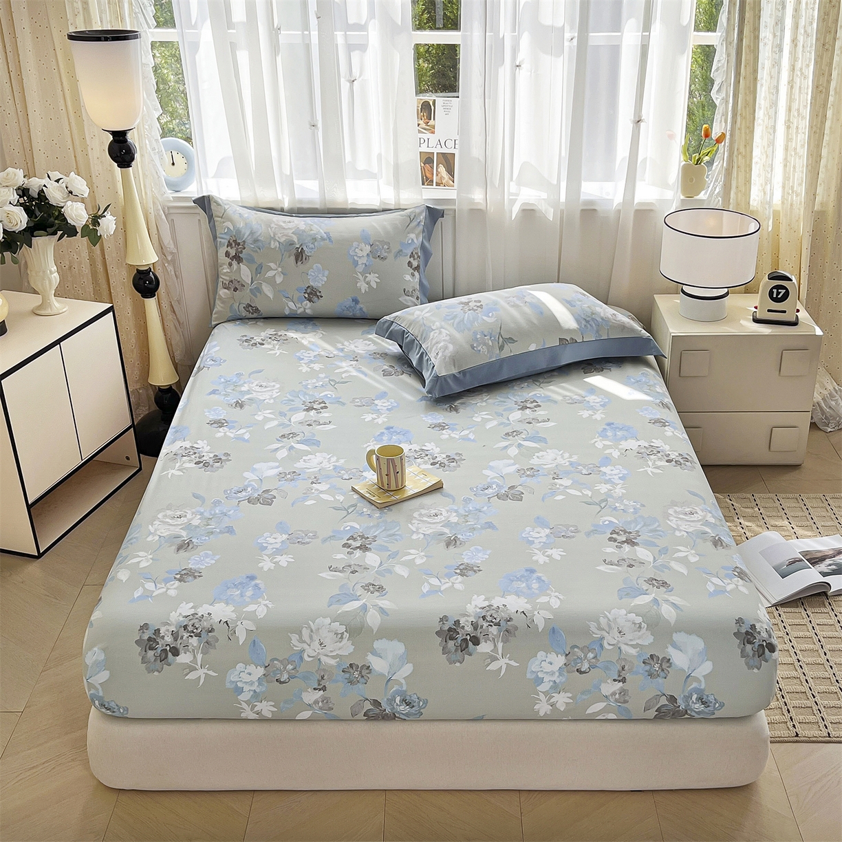 91家纺网 家纺一手货源 找家纺 慕木家纺 2026新款A类纯色印花慕丝棉床笠系列（抽空压缩可供跨境）（提供买家秀） 蓝漪