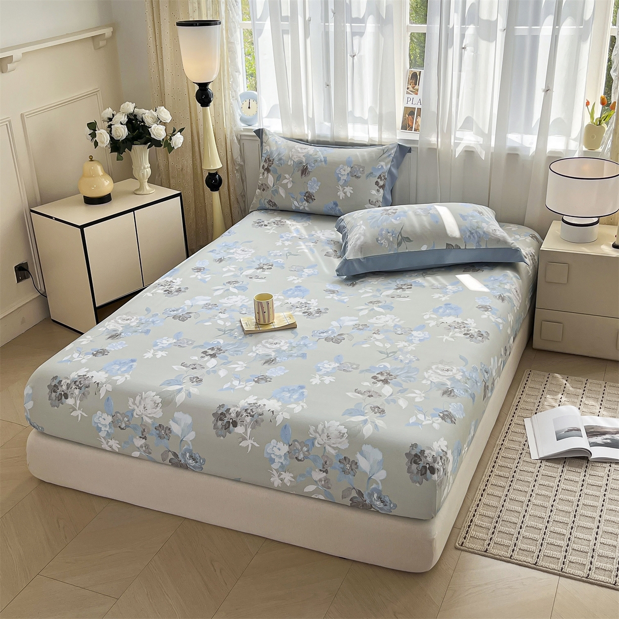 91家纺网 家纺一手货源 找家纺 慕木家纺 2026新款A类纯色印花慕丝棉床笠系列（抽空压缩可供跨境）（提供买家秀） 蓝漪