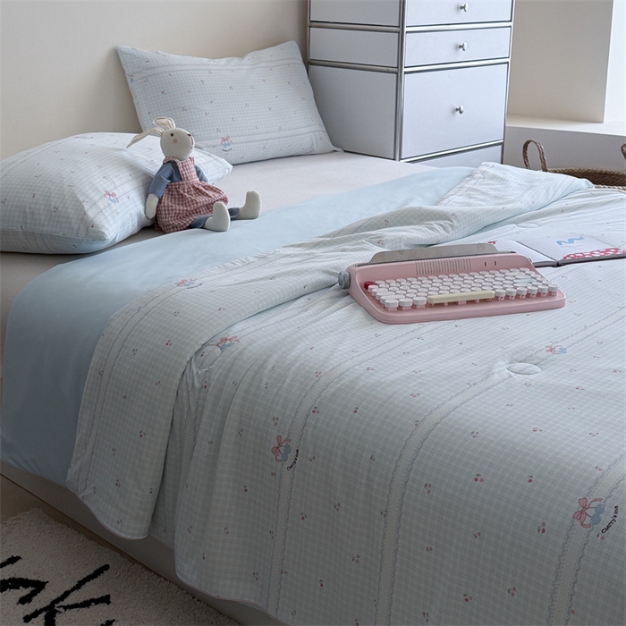 91家纺网 家纺一手货源 找家纺 暖生活 2026新款A类冰皮氨纶凉感夏被 被子被芯 浅蓝花边