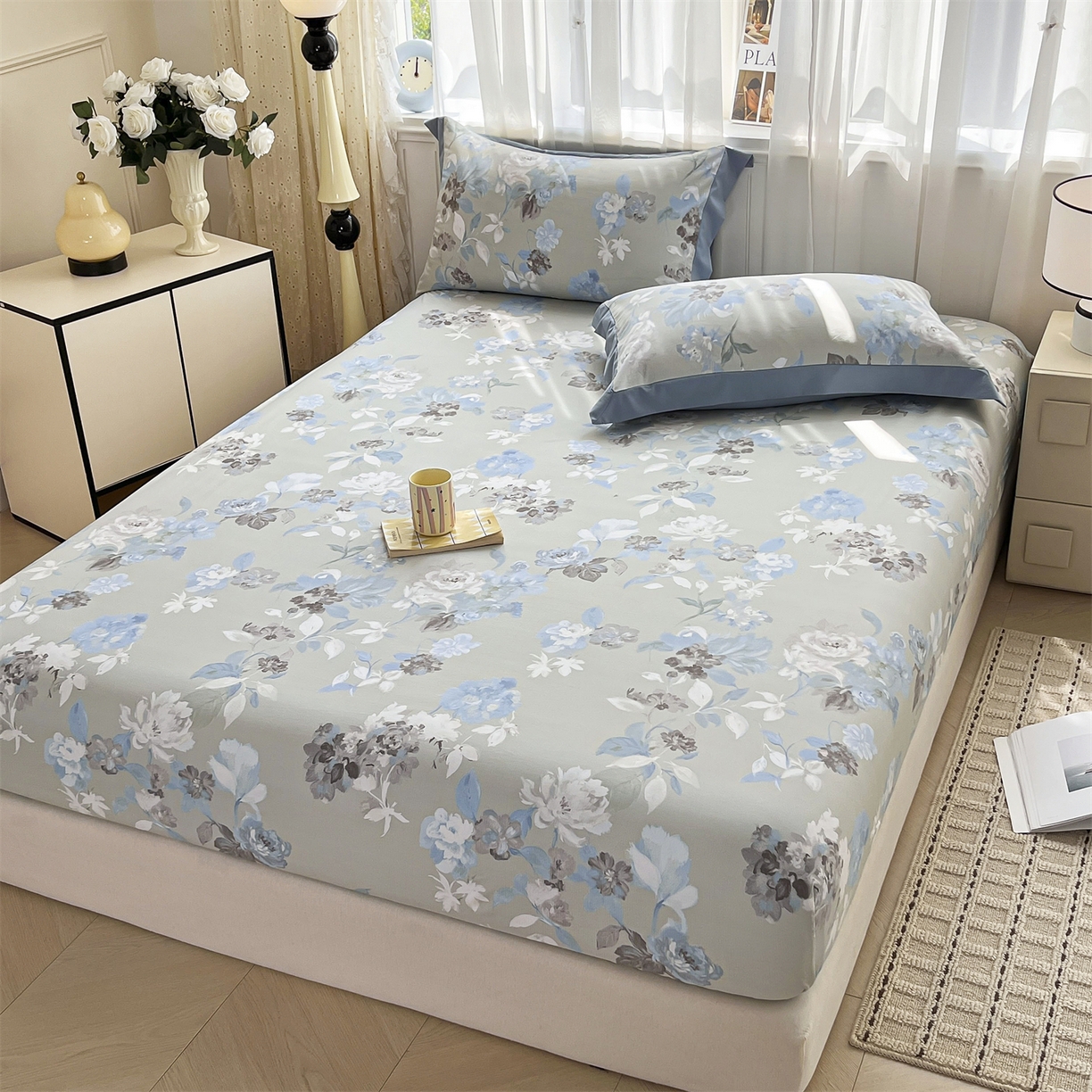 91家纺网 家纺一手货源 找家纺 慕木家纺 2026新款A类纯色印花慕丝棉床笠系列（抽空压缩可供跨境）（提供买家秀） 蓝漪