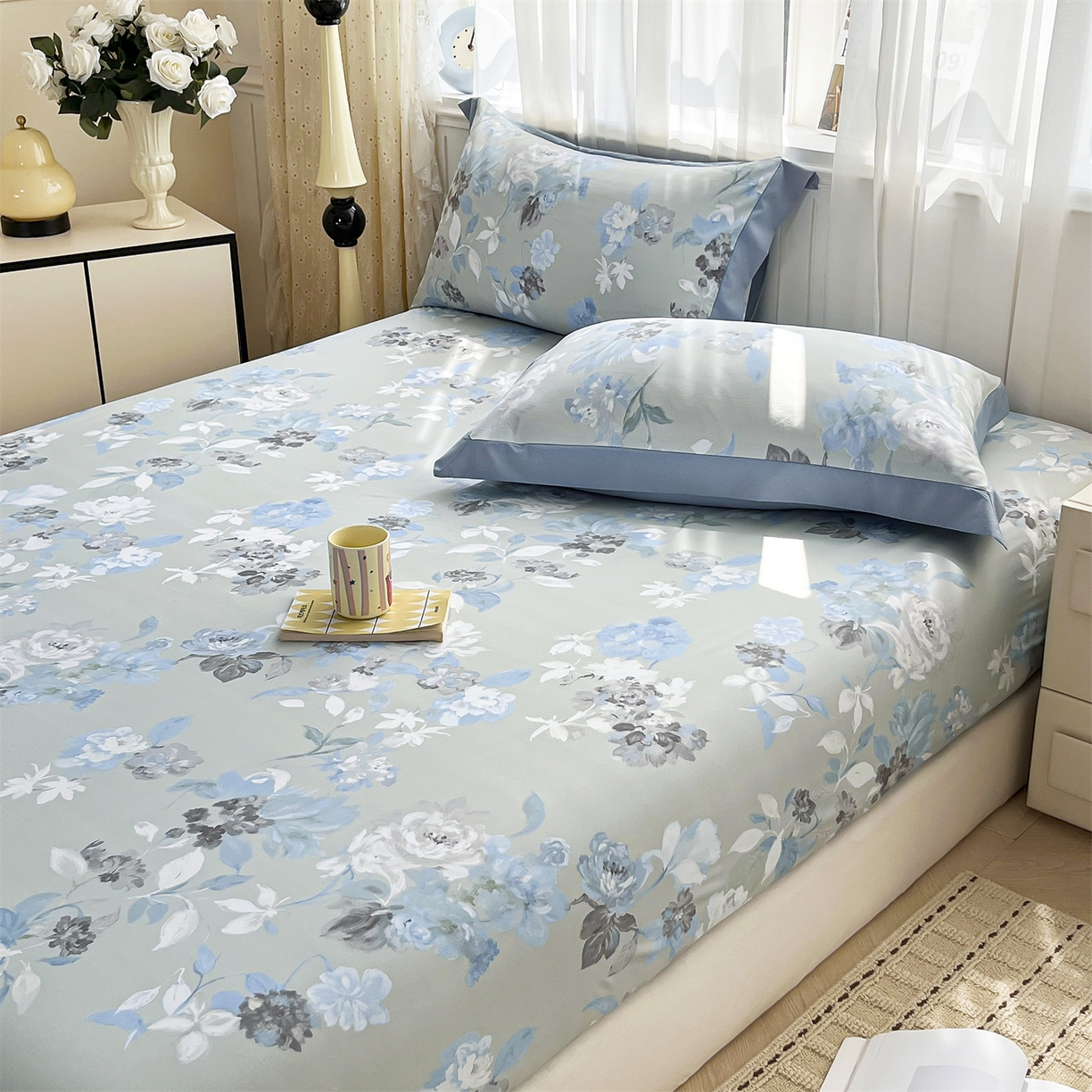 91家纺网 家纺一手货源 找家纺 慕木家纺 2026新款A类纯色印花慕丝棉床笠系列（抽空压缩可供跨境）（提供买家秀） 蓝漪