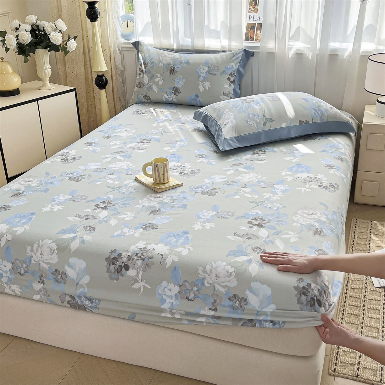 91家纺网 家纺一手货源 找家纺 慕木家纺 2026新款A类纯色印花慕丝棉床笠系列（抽空压缩可供跨境）（提供买家秀） 蓝漪