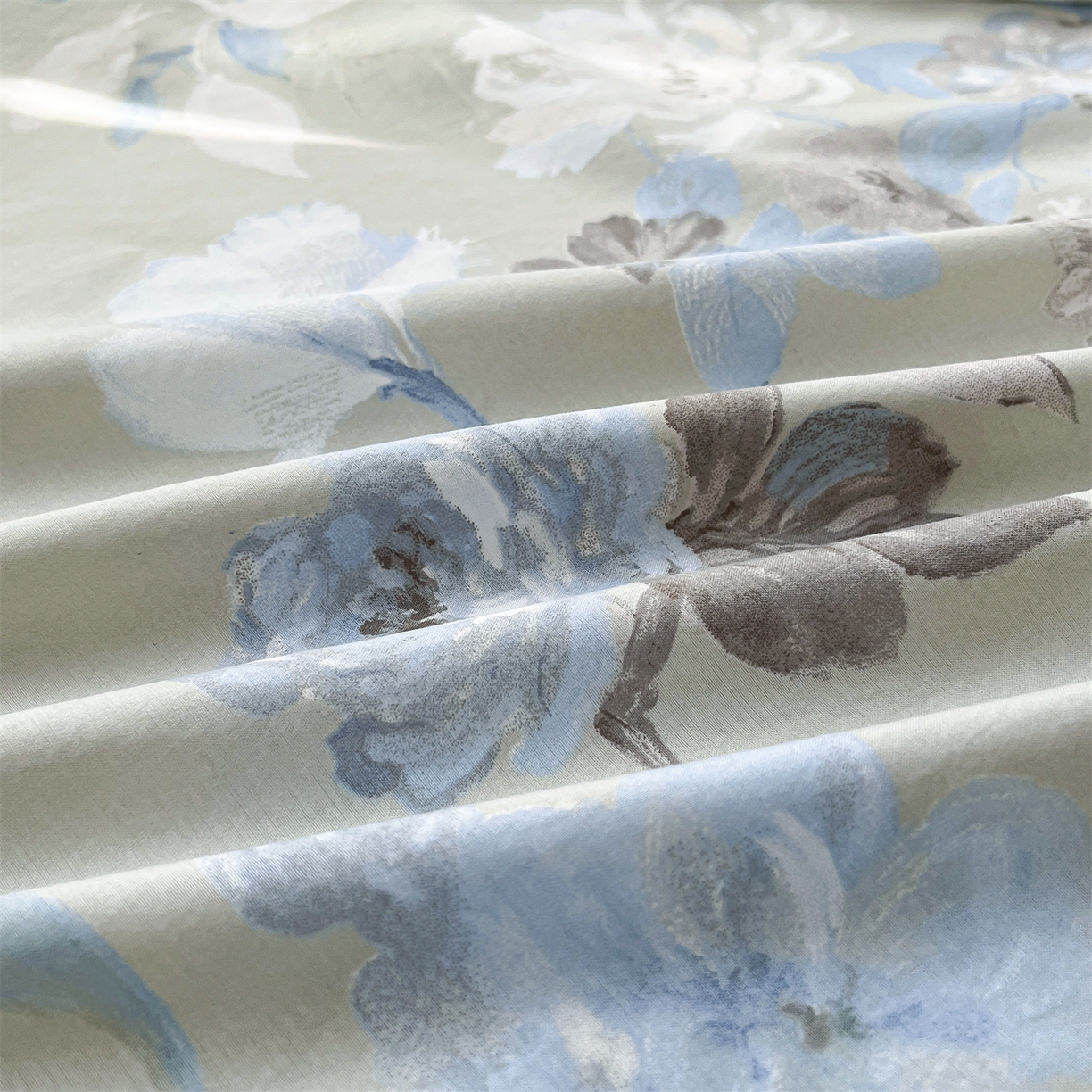 91家纺网 家纺一手货源 找家纺 慕木家纺 2026新款A类纯色印花慕丝棉床笠系列（抽空压缩可供跨境）（提供买家秀） 蓝漪