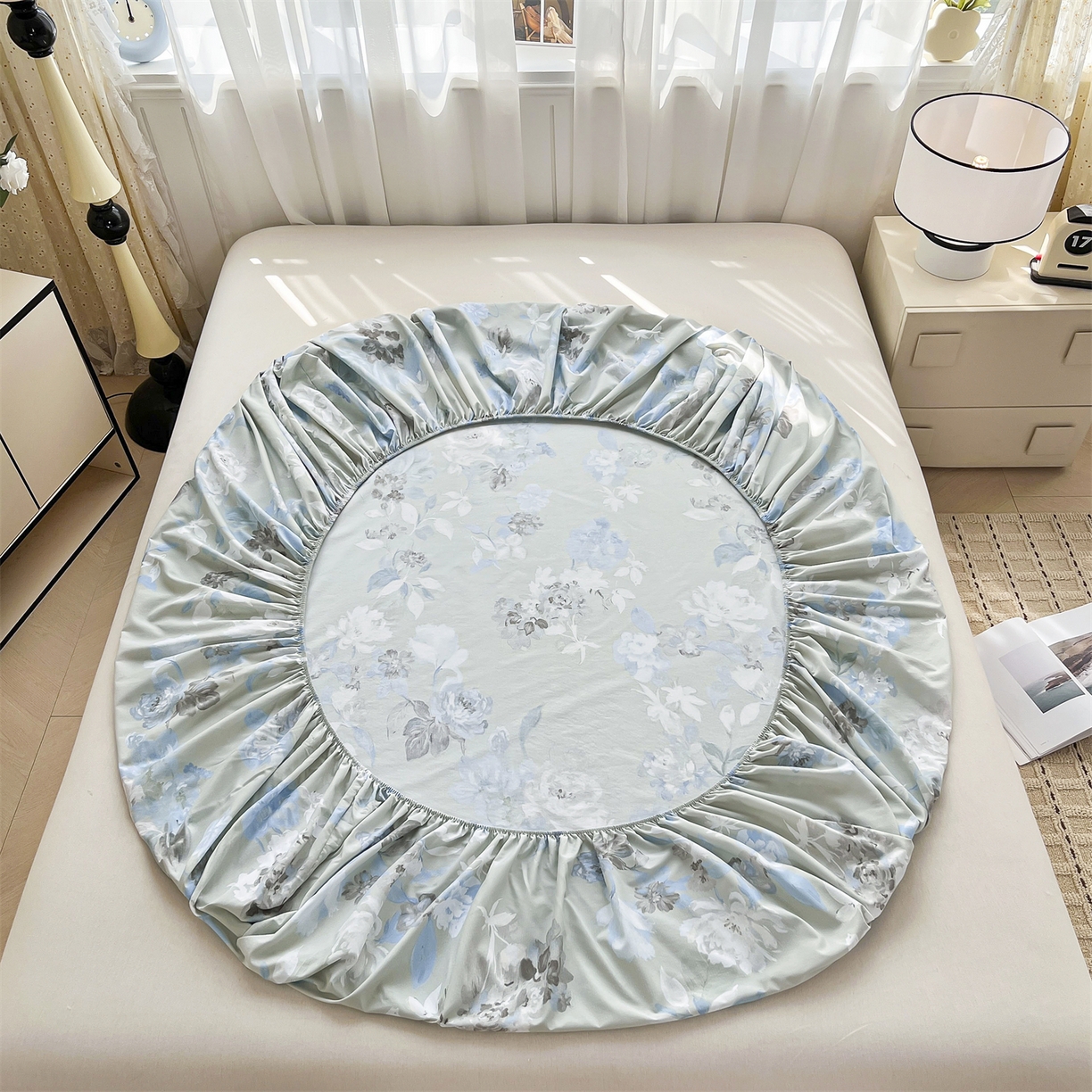 91家纺网 家纺一手货源 找家纺 慕木家纺 2026新款A类纯色印花慕丝棉床笠系列（抽空压缩可供跨境）（提供买家秀） 蓝漪