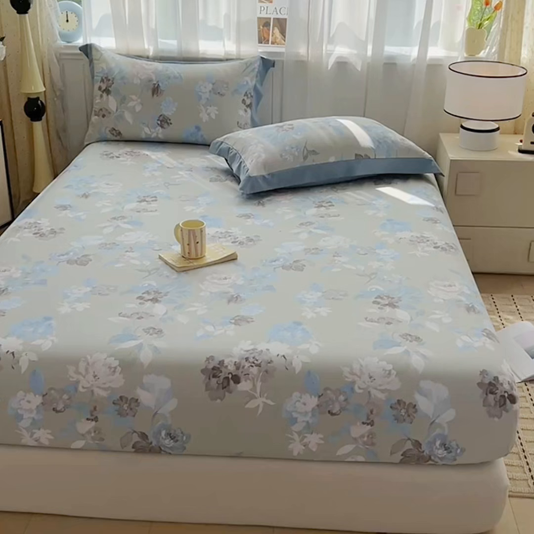 91家纺网 家纺一手货源 找家纺 慕木家纺 2026新款A类纯色印花慕丝棉床笠系列（抽空压缩可供跨境）（提供买家秀） 蓝漪