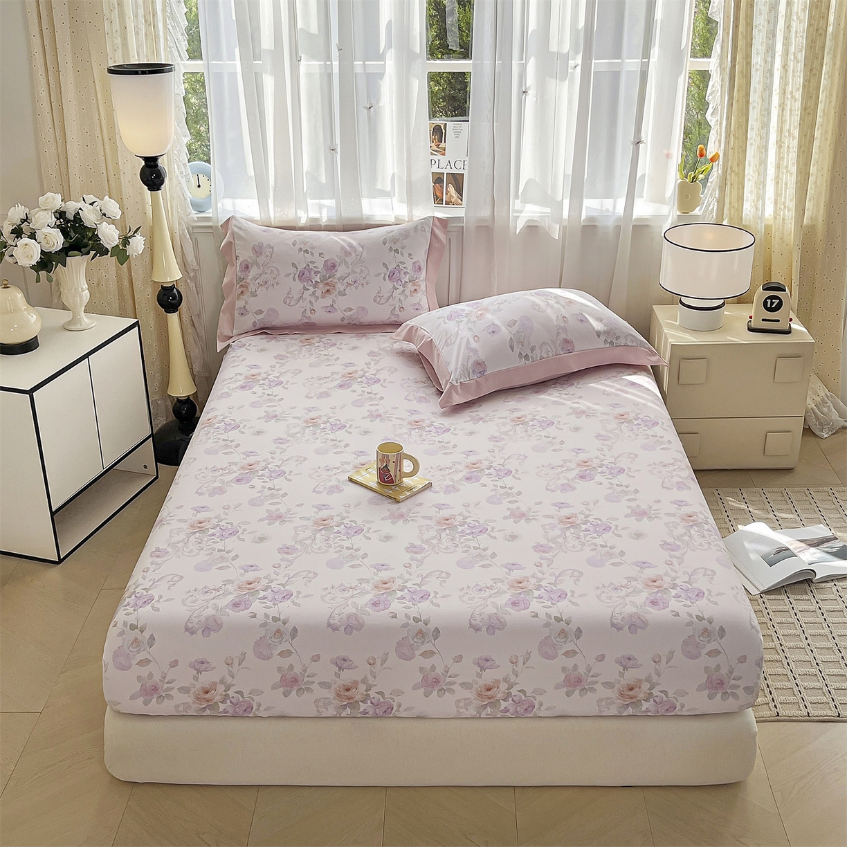 91家纺网 家纺一手货源 找家纺 慕木家纺 2026新款A类纯色印花慕丝棉床笠系列（抽空压缩可供跨境）（提供买家秀） 凡尔赛