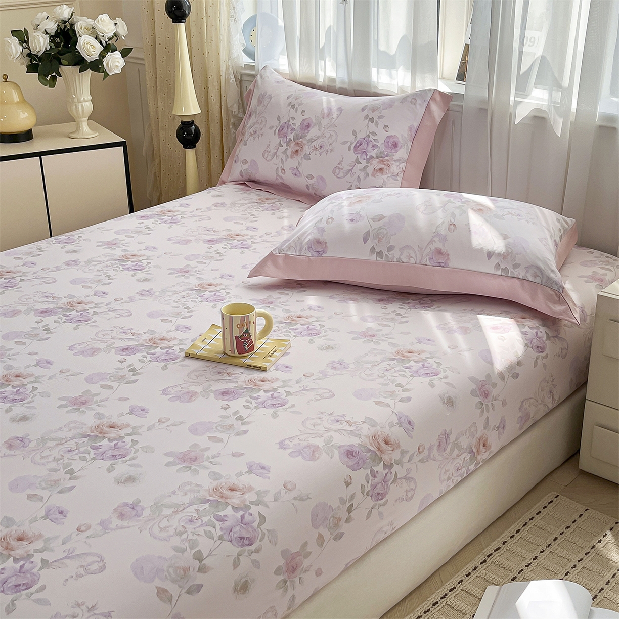 91家纺网 家纺一手货源 找家纺 慕木家纺 2026新款A类纯色印花慕丝棉床笠系列（抽空压缩可供跨境）（提供买家秀） 凡尔赛