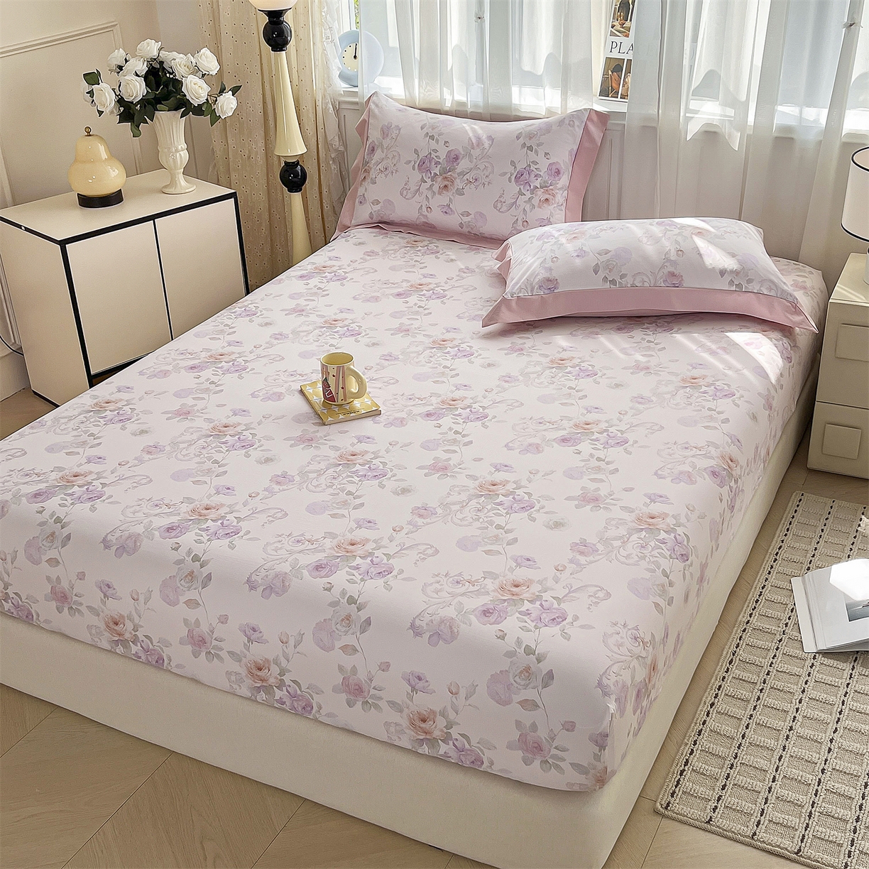 91家纺网 家纺一手货源 找家纺 慕木家纺 2026新款A类纯色印花慕丝棉床笠系列（抽空压缩可供跨境）（提供买家秀） 凡尔赛