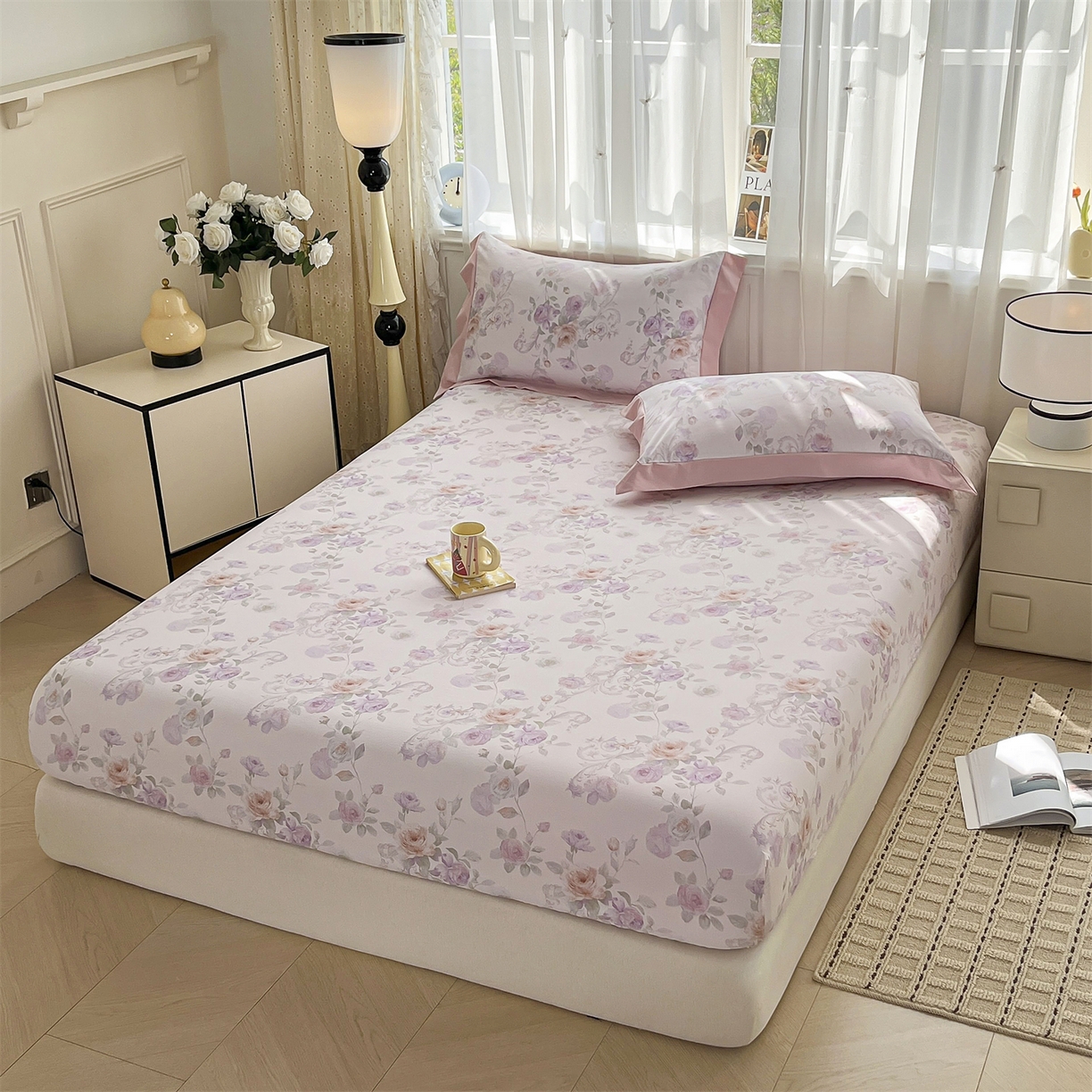 91家纺网 家纺一手货源 找家纺 慕木家纺 2026新款A类纯色印花慕丝棉床笠系列（抽空压缩可供跨境）（提供买家秀） 凡尔赛