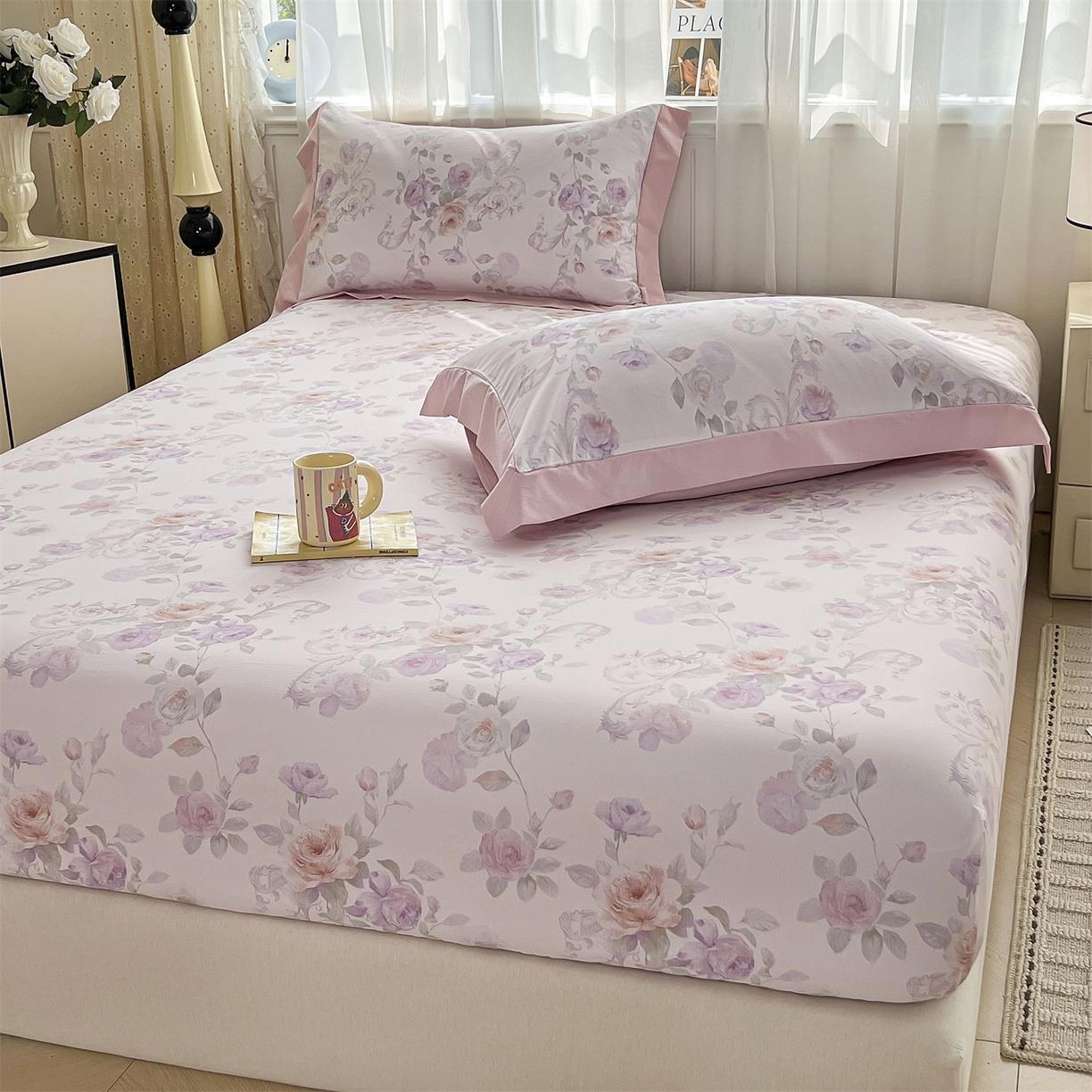 91家纺网 家纺一手货源 找家纺 慕木家纺 2026新款A类纯色印花慕丝棉床笠系列（抽空压缩可供跨境）（提供买家秀） 凡尔赛