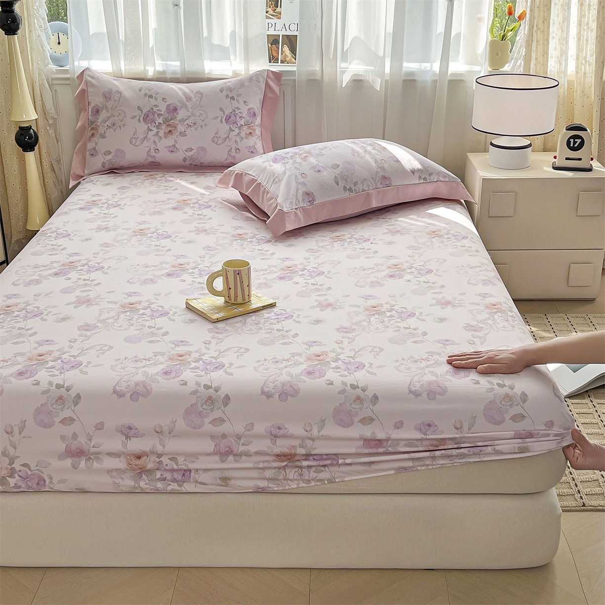 91家纺网 家纺一手货源 找家纺 慕木家纺 2026新款A类纯色印花慕丝棉床笠系列（抽空压缩可供跨境）（提供买家秀） 凡尔赛