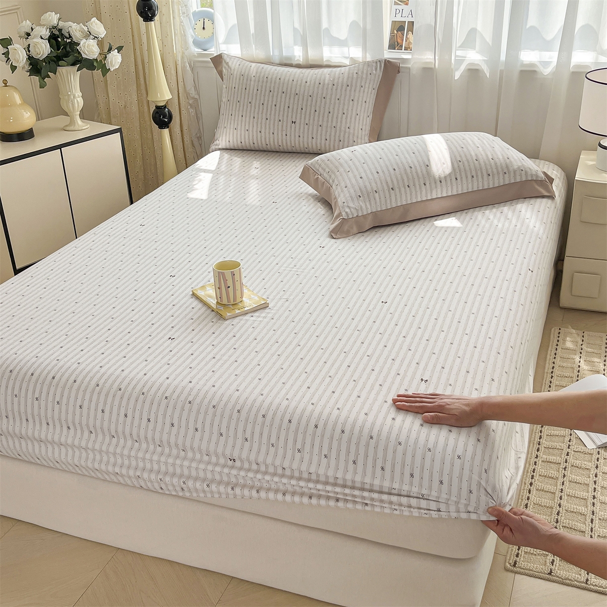 91家纺网 家纺一手货源 找家纺 慕木家纺 2026新款A类纯色印花慕丝棉床笠系列（抽空压缩可供跨境）（提供买家秀） 波点序章