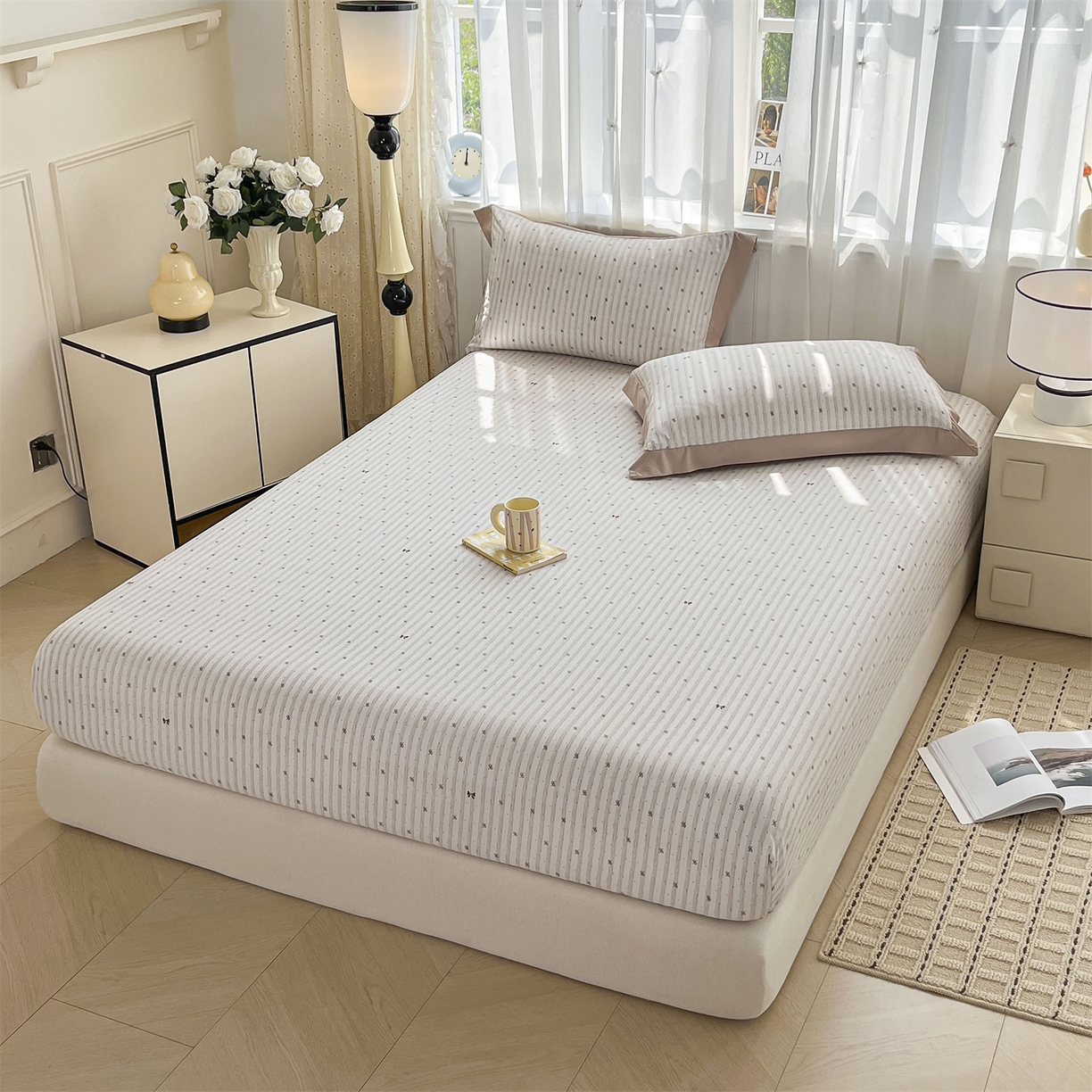 91家纺网 家纺一手货源 找家纺 慕木家纺 2026新款A类纯色印花慕丝棉床笠系列（抽空压缩可供跨境）（提供买家秀） 波点序章