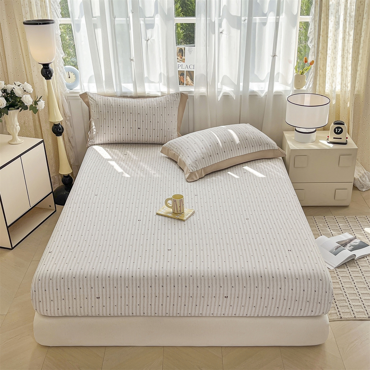 91家纺网 家纺一手货源 找家纺 慕木家纺 2026新款A类纯色印花慕丝棉床笠系列（抽空压缩可供跨境）（提供买家秀） 波点序章