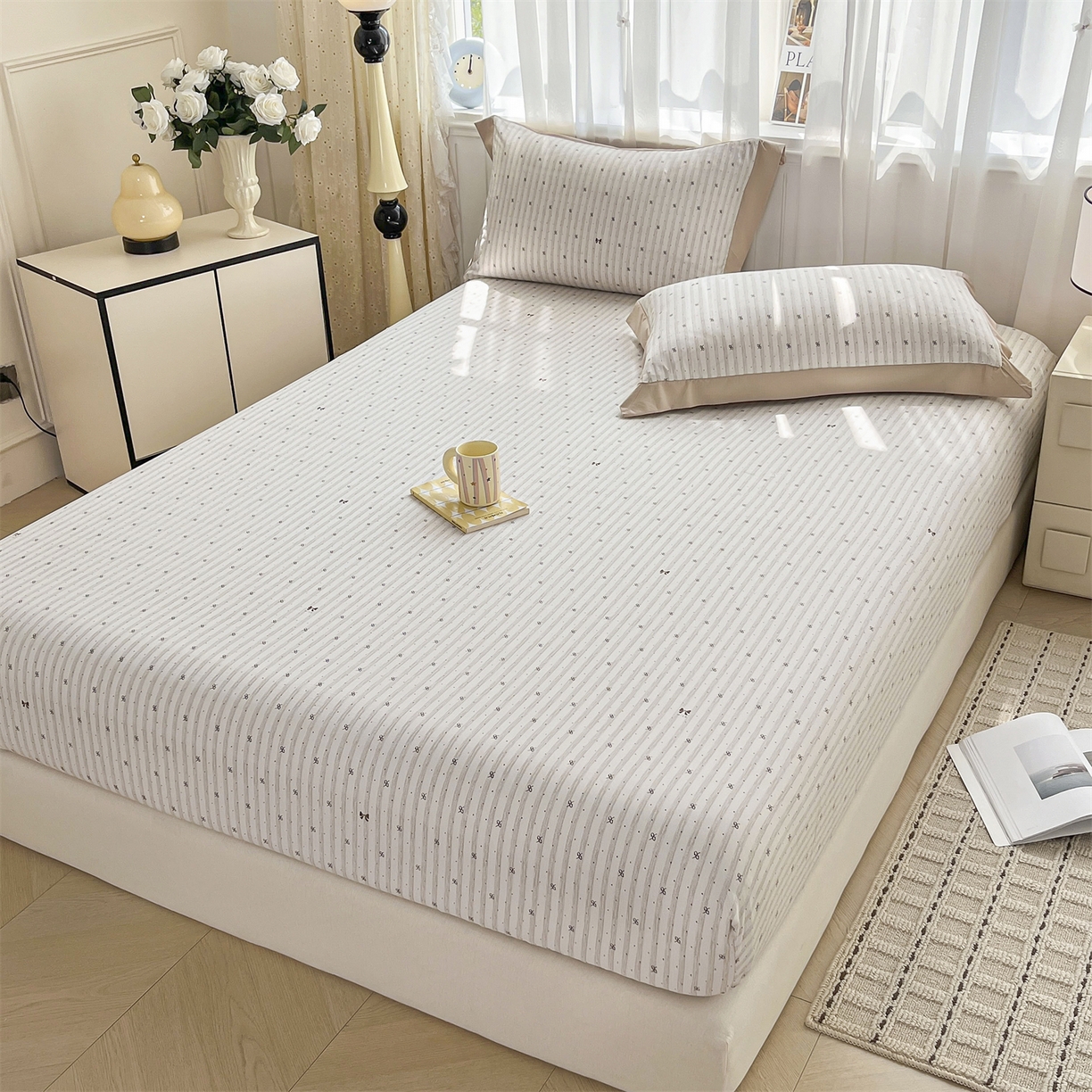 91家纺网 家纺一手货源 找家纺 慕木家纺 2026新款A类纯色印花慕丝棉床笠系列（抽空压缩可供跨境）（提供买家秀） 波点序章